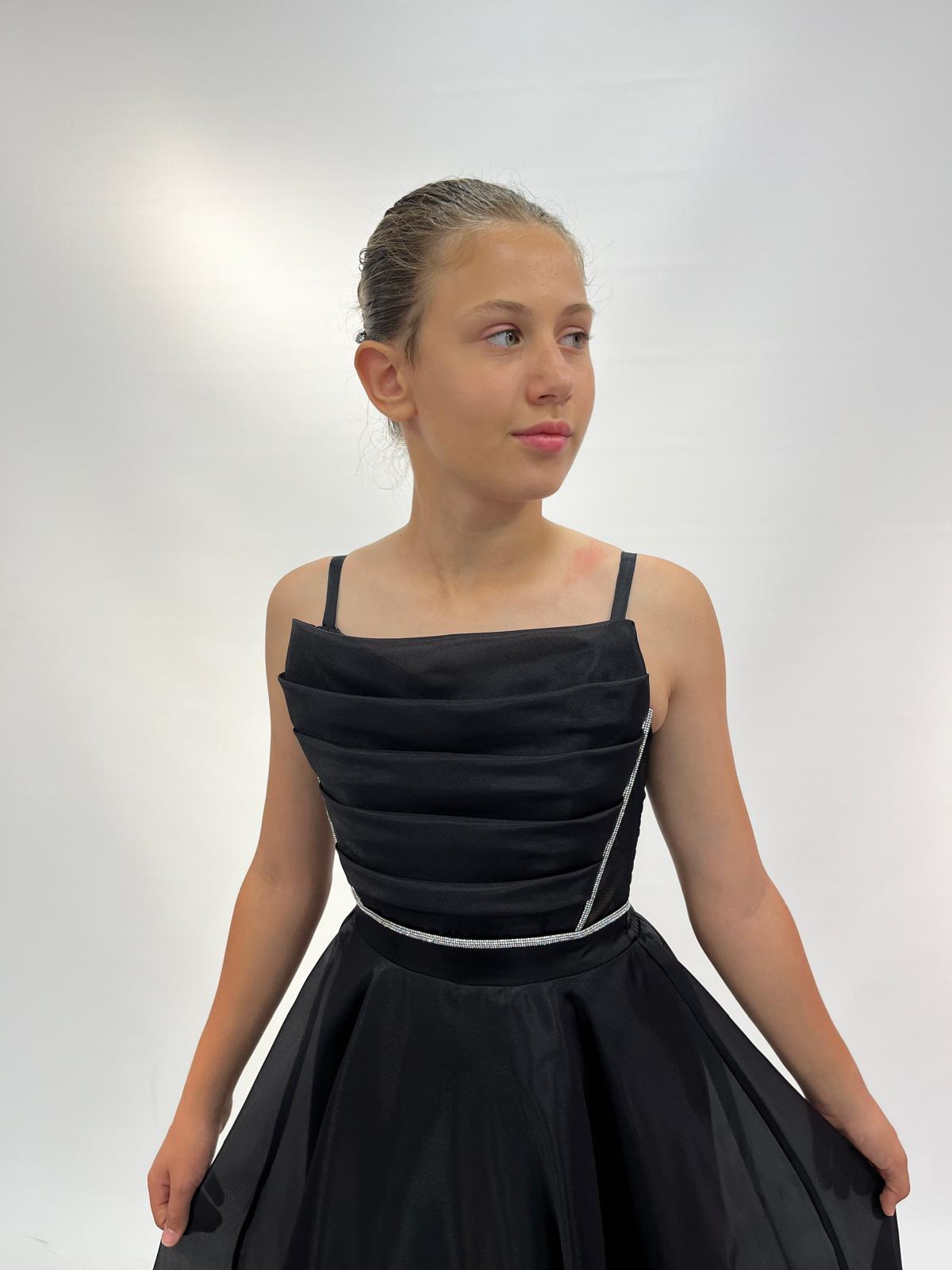 Kız Çocuk Abiye Siyah Askılı  Uzun Şifon Kolları Çıkabilen Drape Yaka  Abiye Elbise 10-15 Yaş