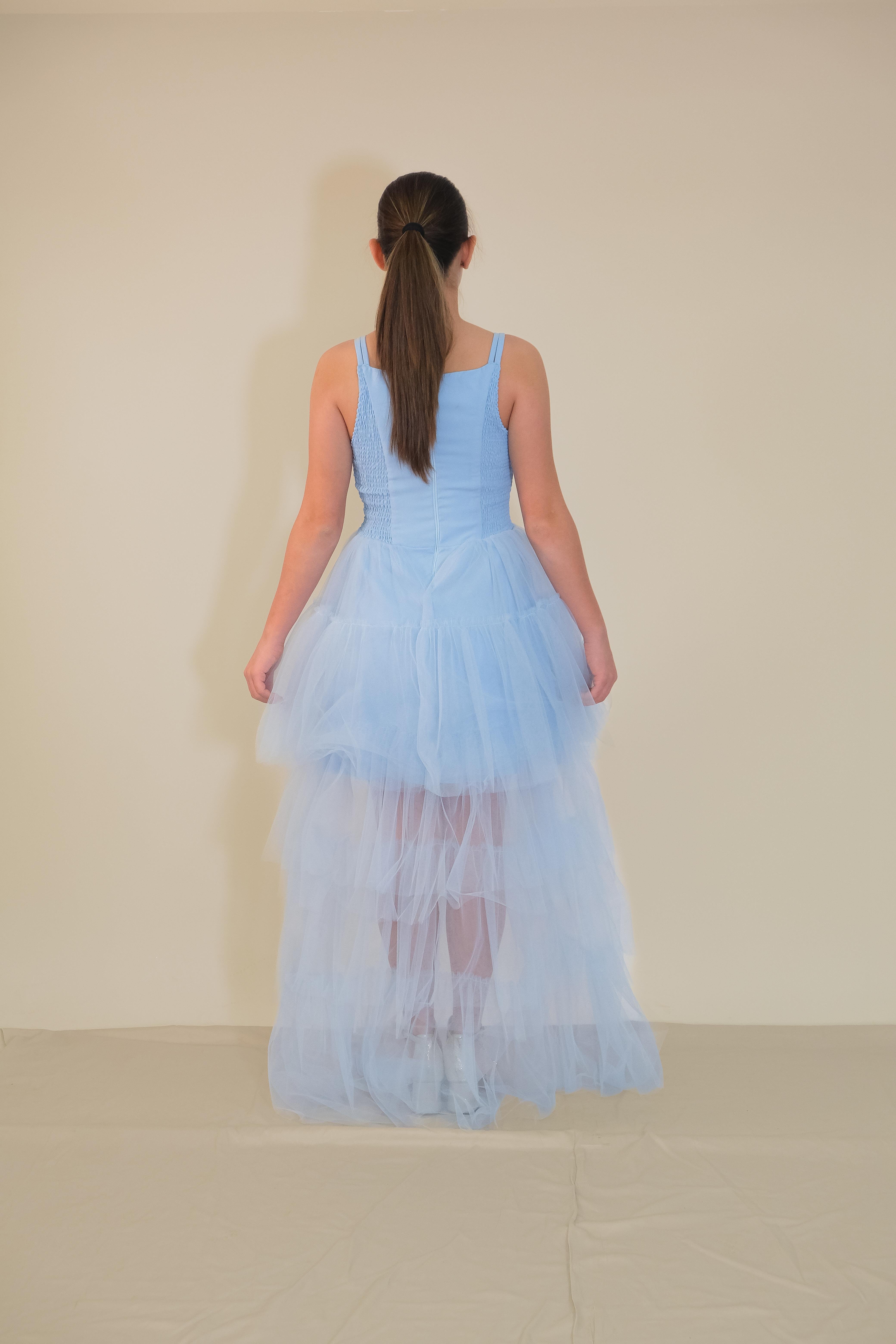 Kız Çocuk Askılı Mavi Zincir Detaylı Kat Etekli Kuyruklu Abiye Elbise 10-15 Yaş 