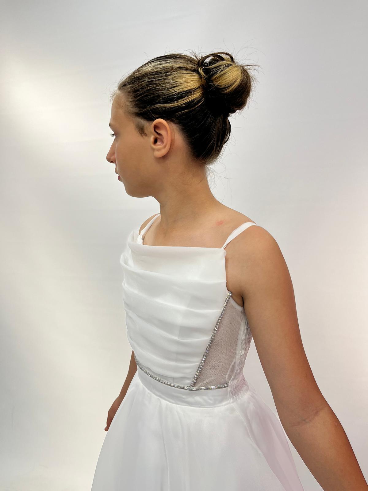 Kız Çocuk Abiye Krem Askılı Uzun Şifon Kolları Çıkabilen Drape Yaka Abiye Elbise 10-15 Yaş