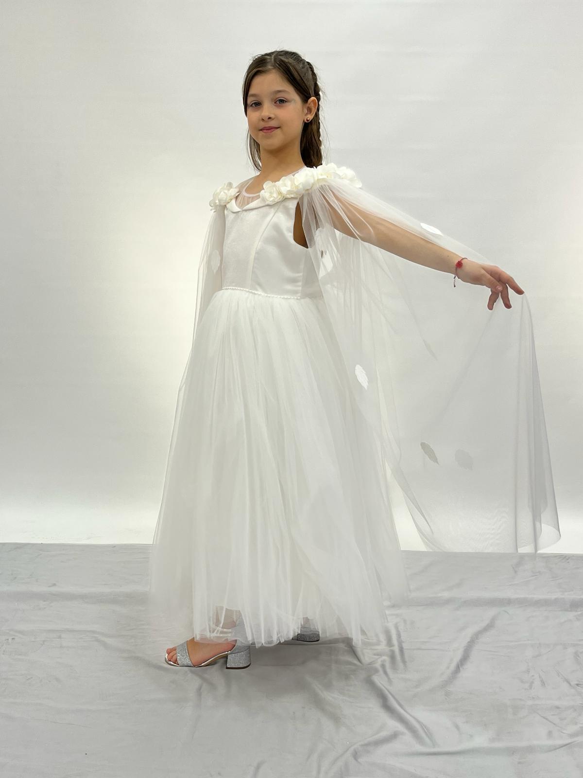 Kız Çocuk Abiye Beyaz Uzun Tüllü Pelerinli Yakası Çiçekli Abiye 6-14 Yaş