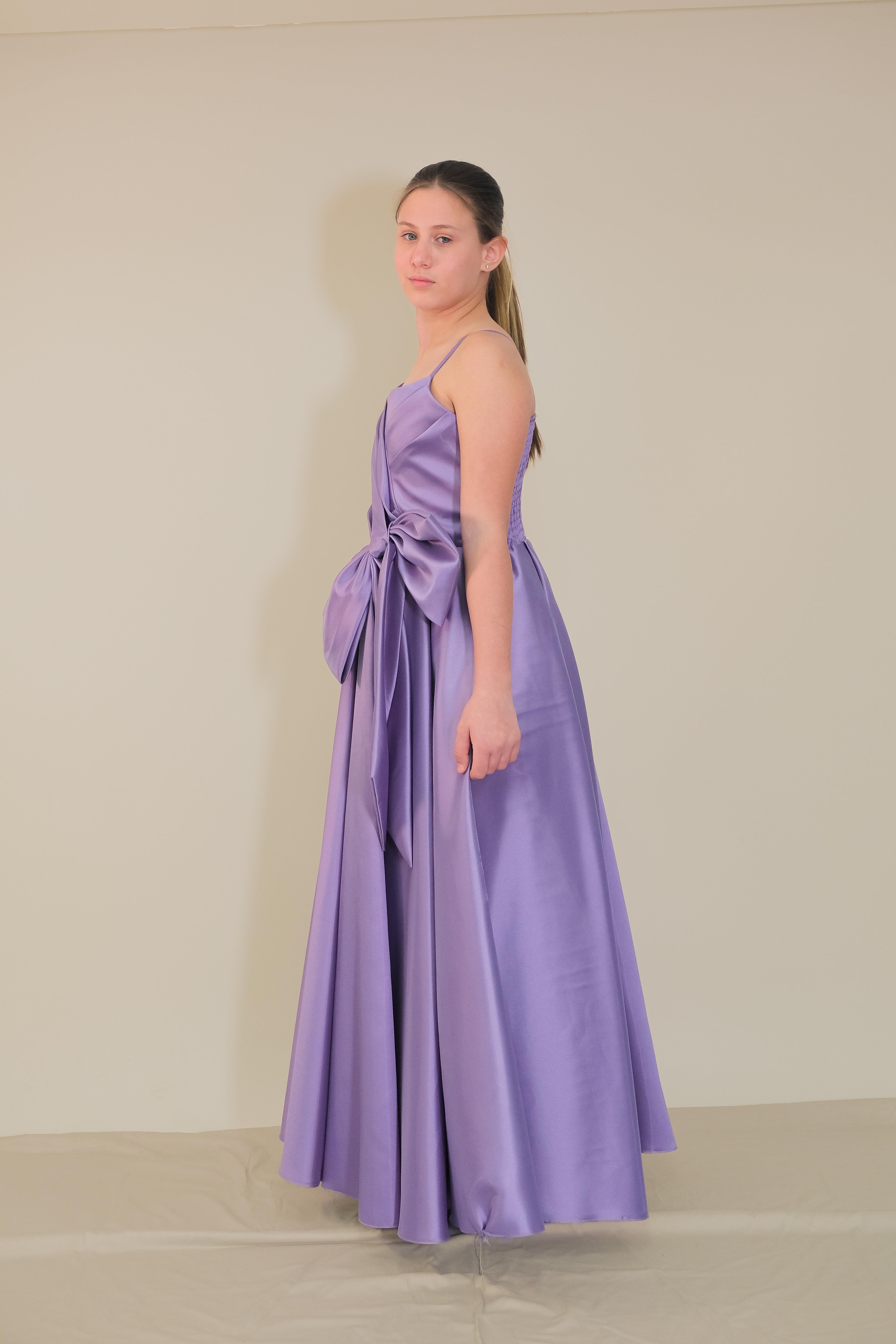 Kız Çocuk Abiye Askılı Lavanta  Mikado Kumaş Kalp Yaka Bel Fiyonk Detaylı Abiye Elbise 10-15 Yaş