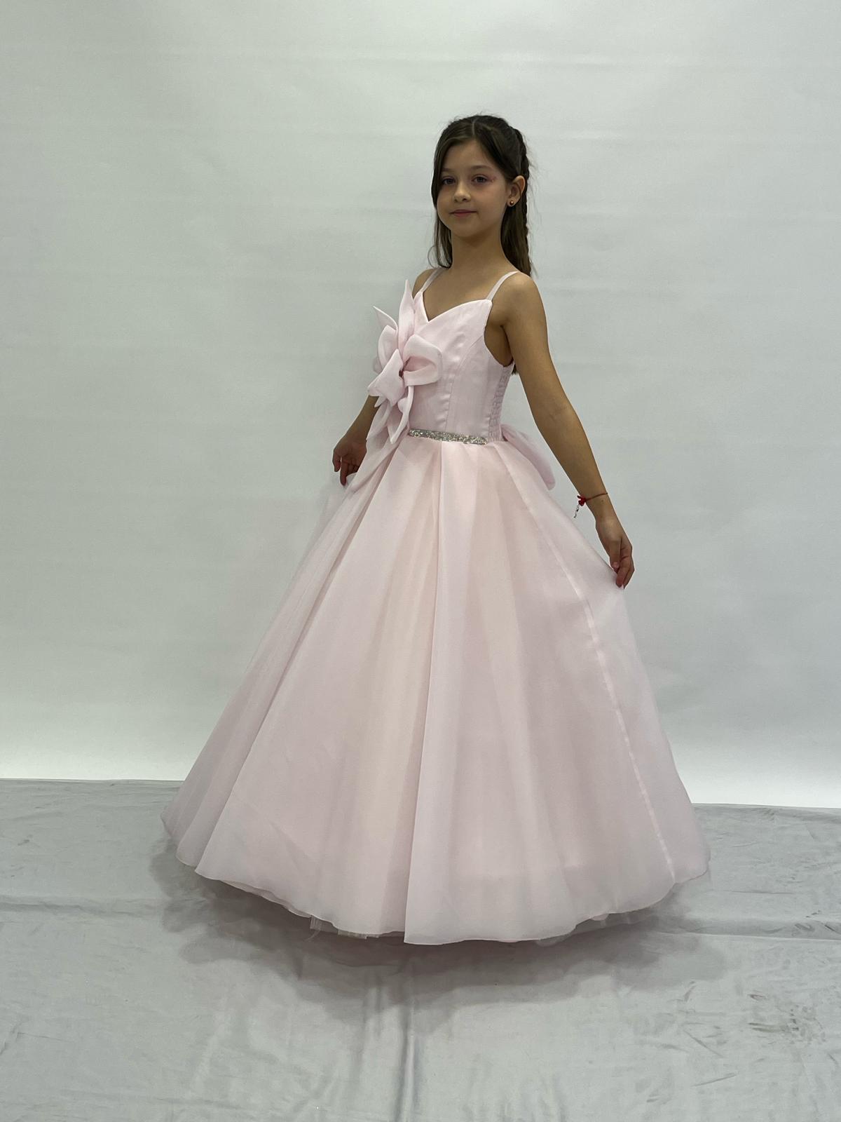 Kız Çocuk Abiye Büyük Çiçekli Taş Detaylı Kasnaklı Çocuk Gelinlik 2-11 Yaş