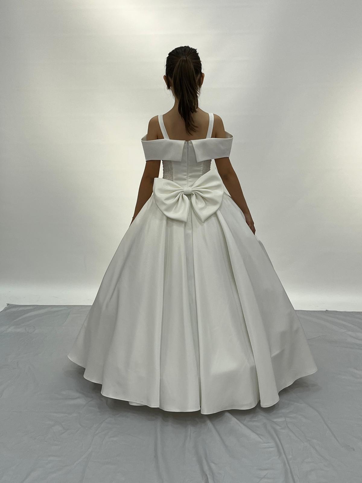 Kız Çocuk Abiye Krem Askılı Çiçekli Parlak Gelinlik 2-11 Yaş