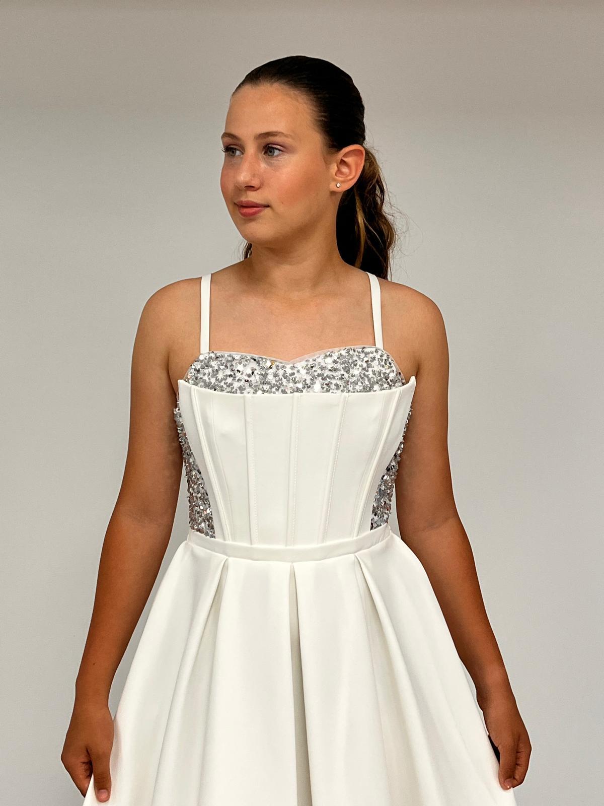 Kız Çocuk Abiye Krem Krep Kısa Pul  Payet İşlemeli Biyeli Korseli Kısa Abiye Elbise 10-15 Yaş