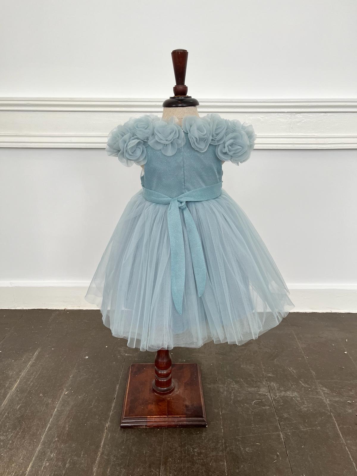 Kız Çocuk Mavi Yakası Gül Çiçekli Bandanalı Kısa Tüllü Abiye 9-36 Ay