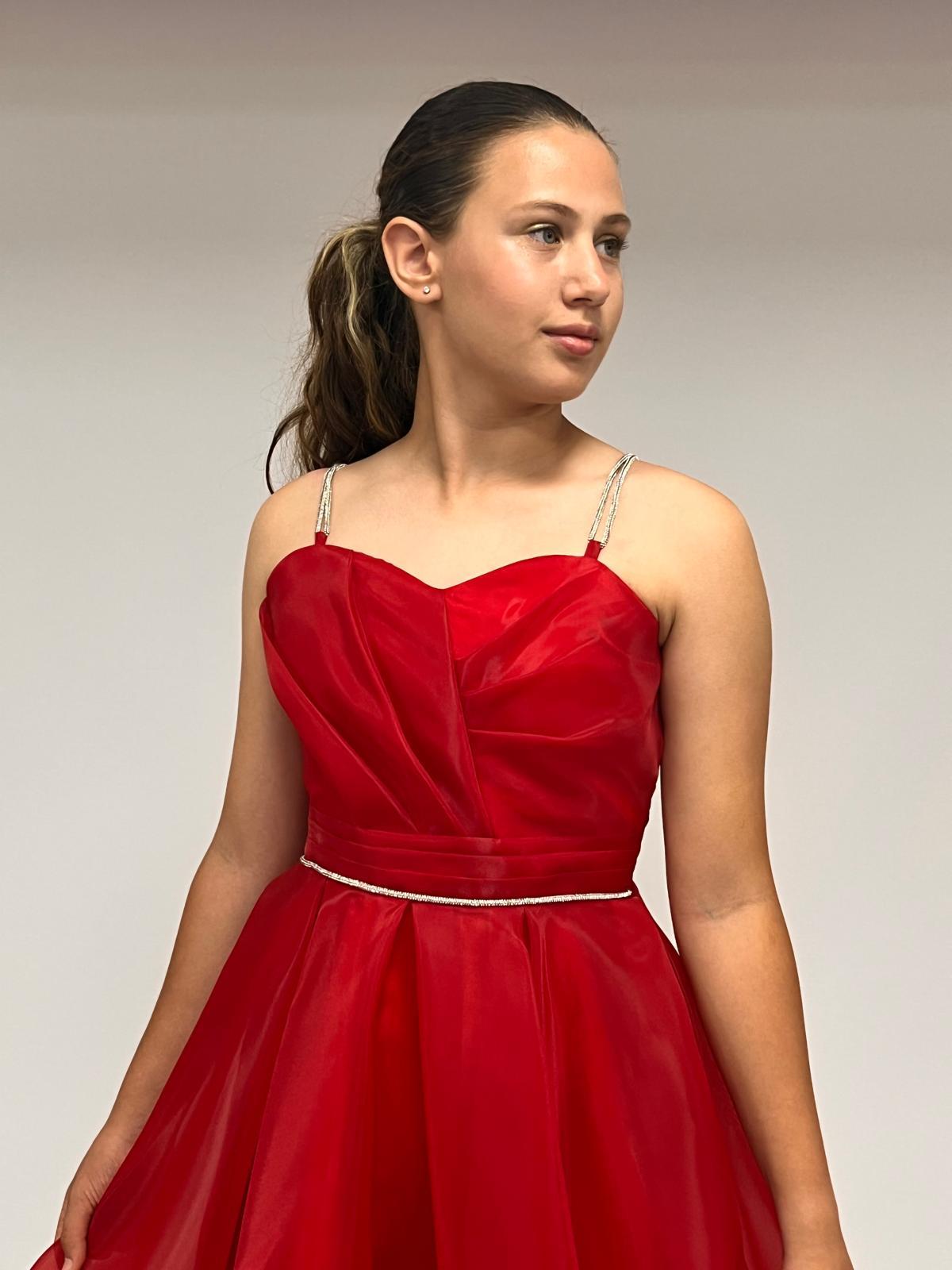 Kız Çocuk Abiye KırmızıTaş Kordon Askılı Kalp Yaka  Kuyruklu  Şifon Abiye Elbise 10-15 Yaş