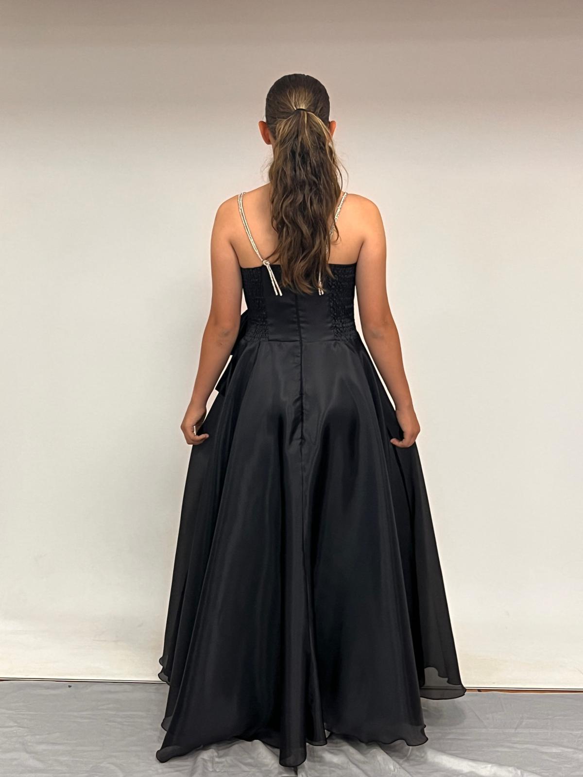 Kız Çocuk Abiye Siyah Taş Kordon Askılı Kalp Yaka Yandan Kendinden Kuşak Detaylı  Şifon Uzun Abiye Elbise 10-15 Yaş