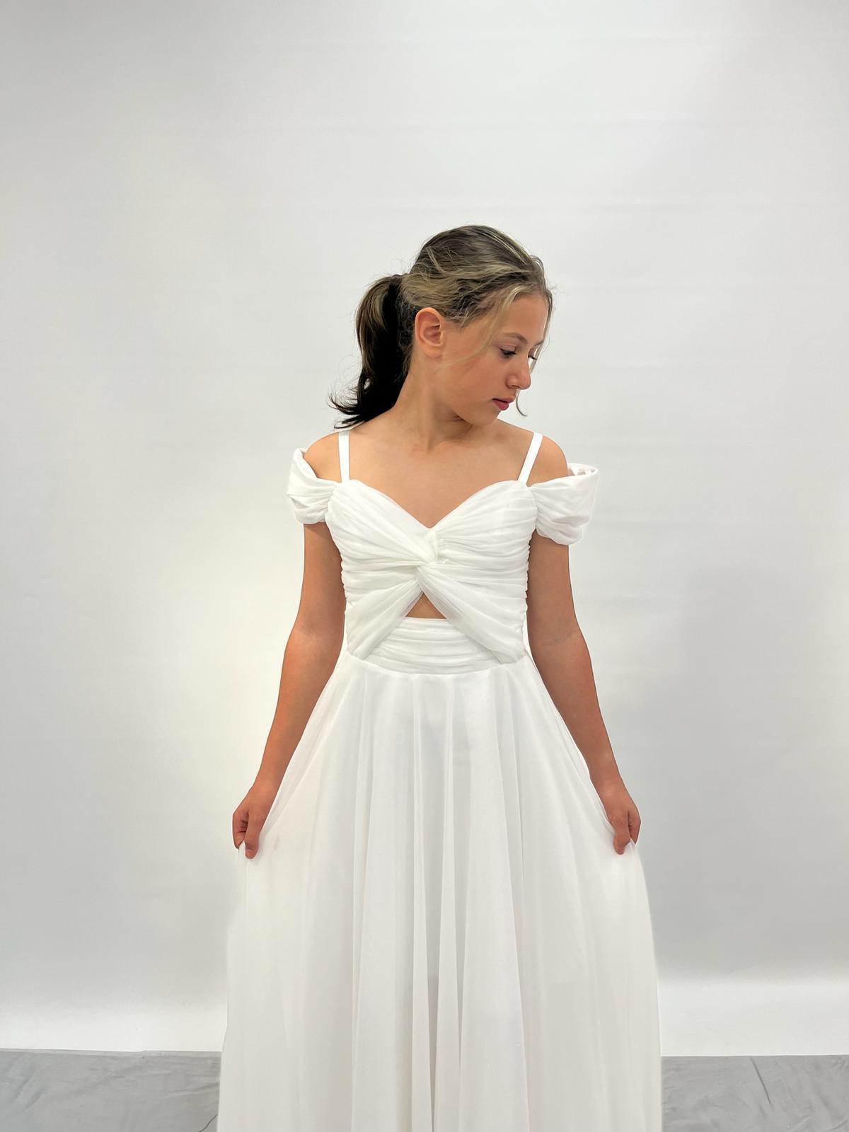 Kız Çocuk Krem Askılı Omuz Detaylı Pırıltılı Tüllü Uzun Abiye Elbise 10-15 Yaş