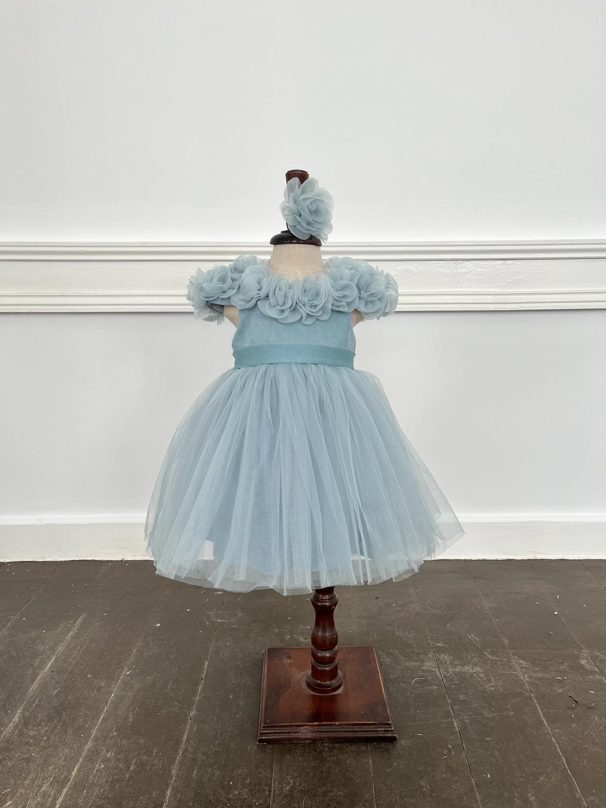 Kız Çocuk Mavi Yakası Gül Çiçekli Bandanalı Kısa Tüllü Abiye 9-36 Ay