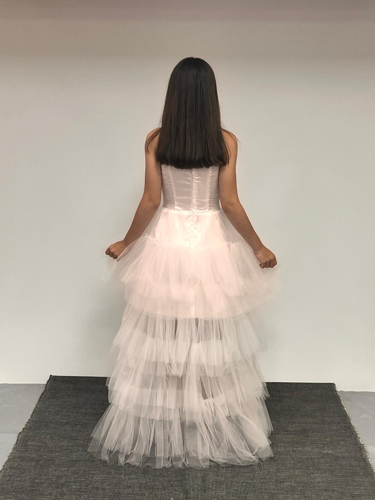 Kız Çocuk Abiye Krem Önü Kısa Kuyruklu Payet İşlemeli Biyeli Transparan Kaplama Abiye Elbise 10-15 Yaş