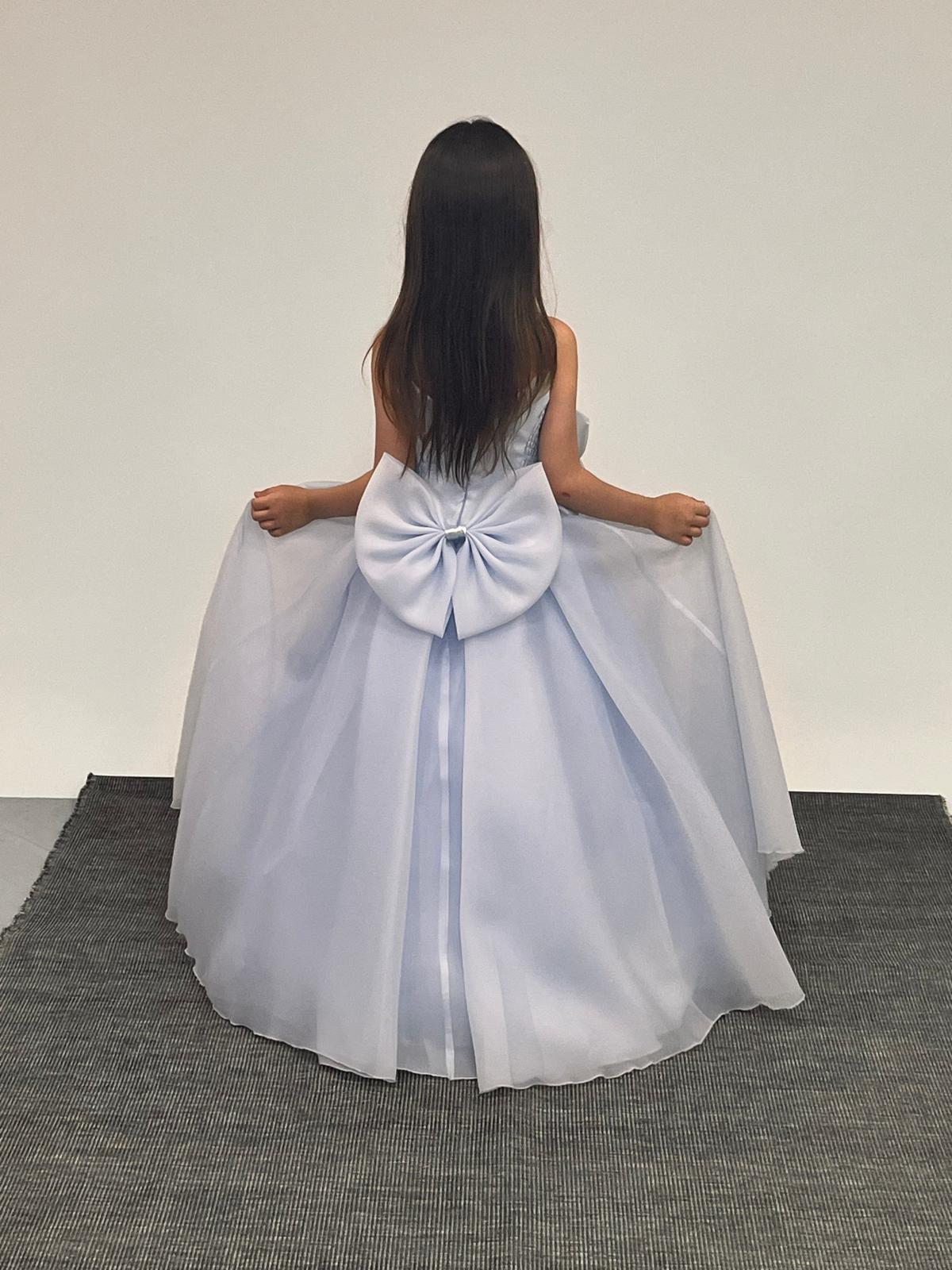 Kız Çocuk Abiye Büyük Çiçekli Taş Detaylı Kasnaklı Mavi Çocuk Gelinlik 2-11 Yaş