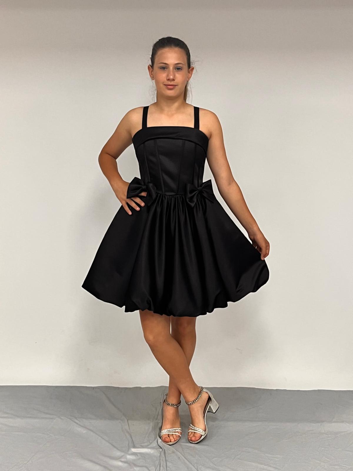 Kız Çocuk Abiye Siyah  Askılı Balon Etek Çıkabilen Fiyonk Detaylı Kısa Abiye Elbise 10-15 Yaş 