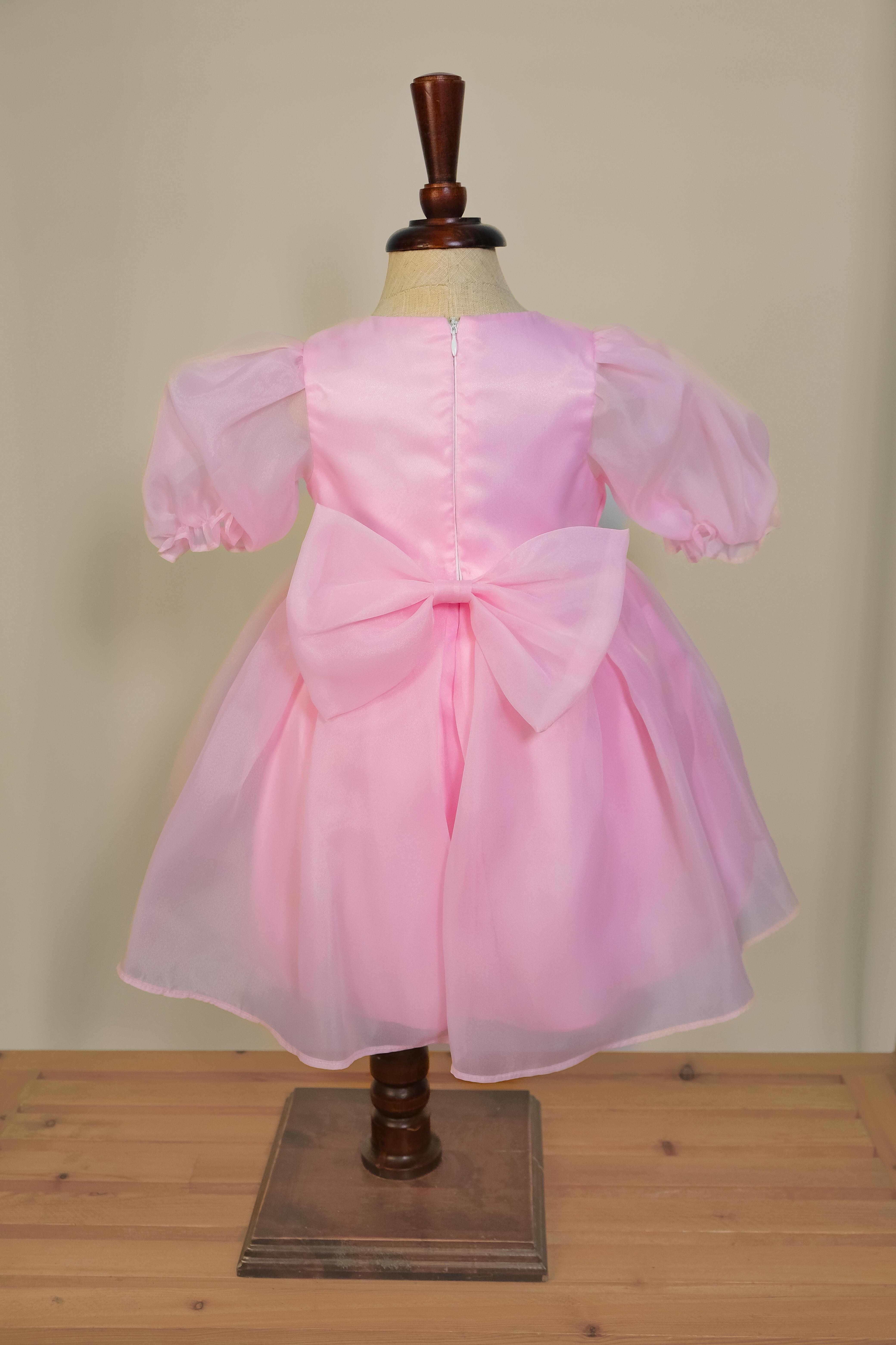 Kız Bebek Pembe Karpuz Kollu Taş Detaylı Abiye Elbise 1-5 Yaş