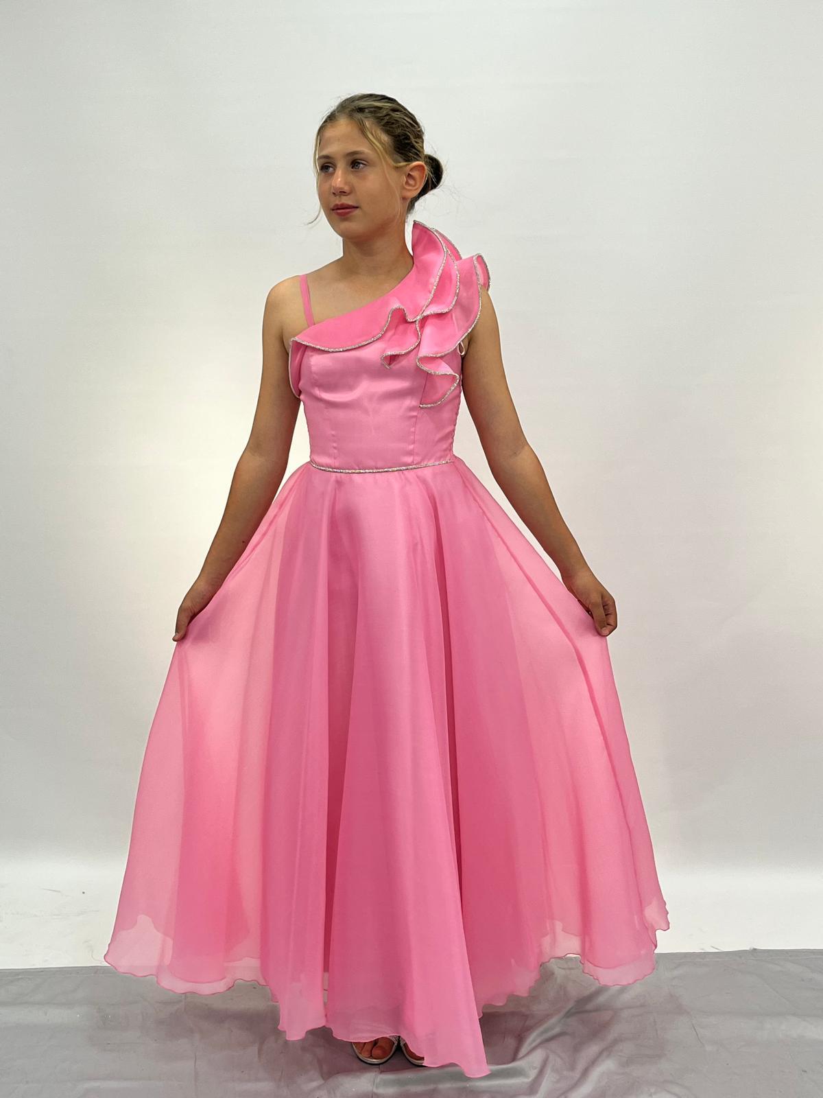 Kız Çocuk Abiye Pembe Uzun Tül Omuz Detaylı Abiye Elbise 10-15 Yaş
