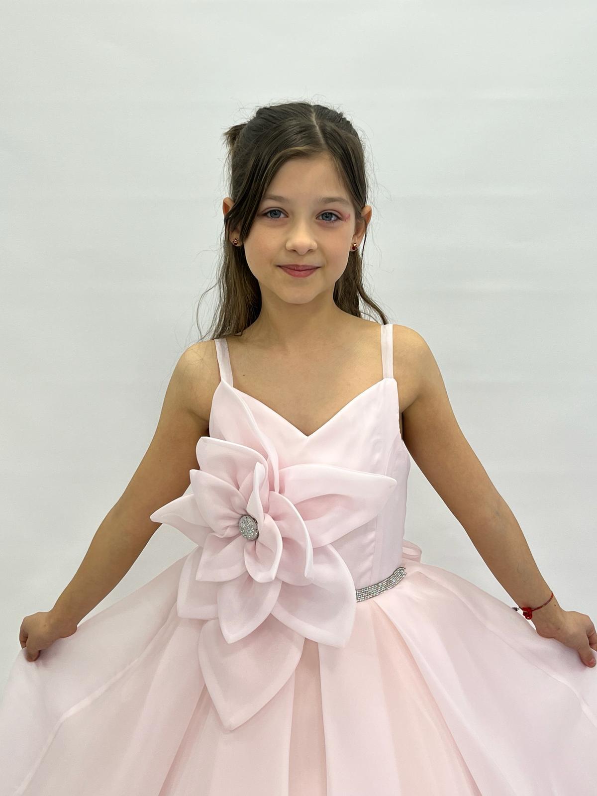 Kız Çocuk Abiye Büyük Çiçekli Taş Detaylı Kasnaklı Çocuk Gelinlik 2-11 Yaş