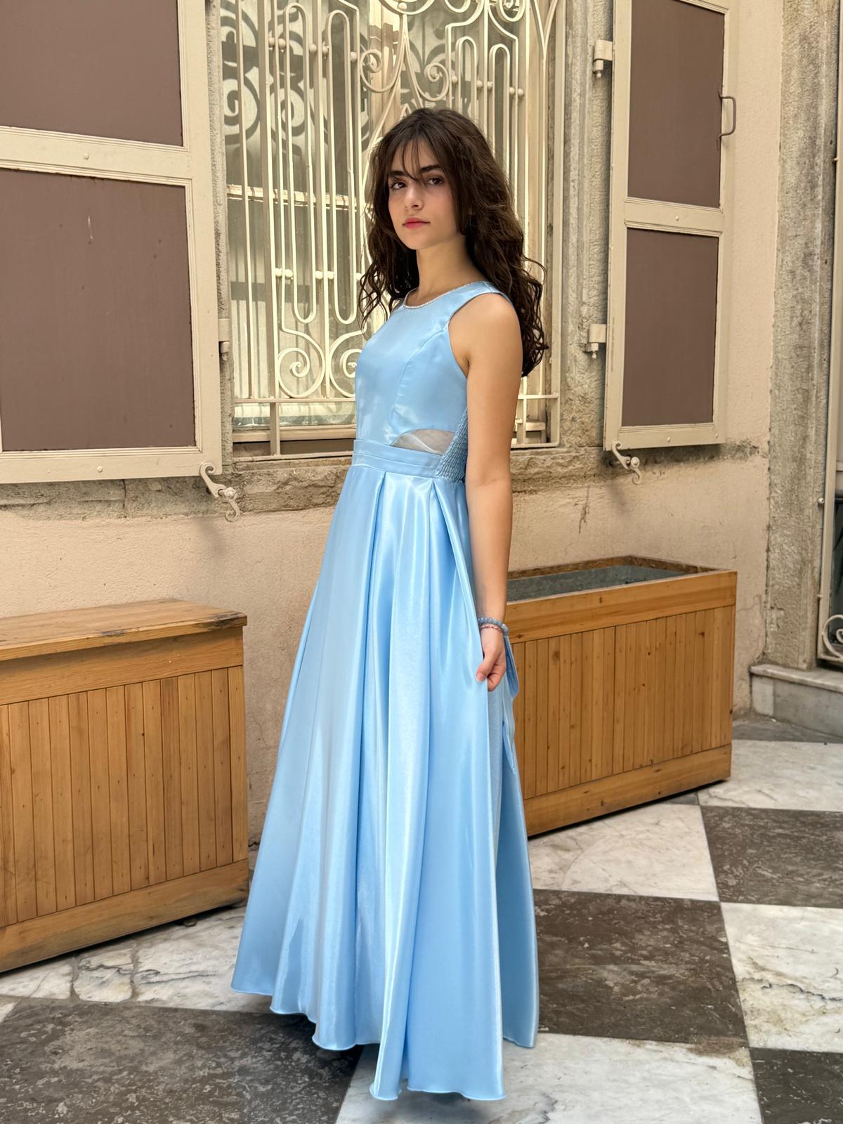 Kız Çocuk Abiye Bebemavi Parlak Saten Uzun Sırt Fiyonklu Abiye Elbise 10-15 Yaş
