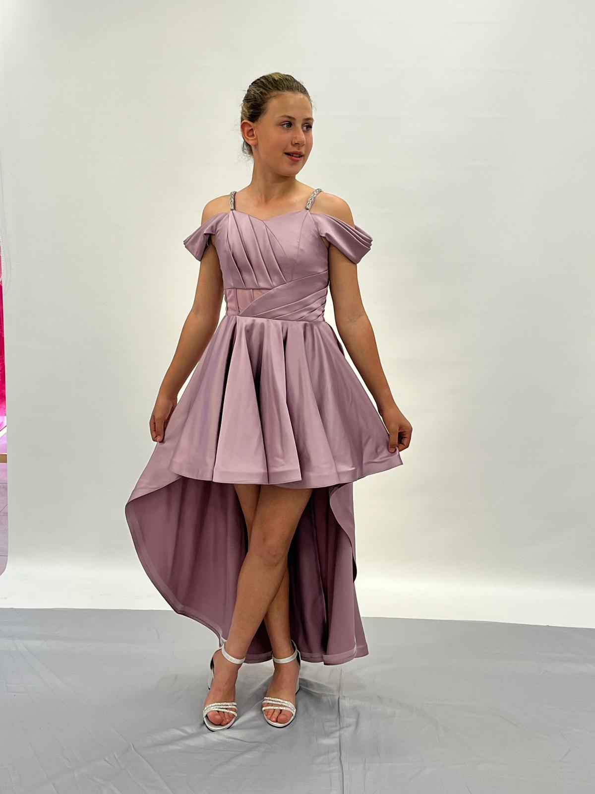 Kız Çocuk Lila Saten Askılı Omuz Taş Detaylı Kuyruklu Abiye Elbise 10-15 Yaş
