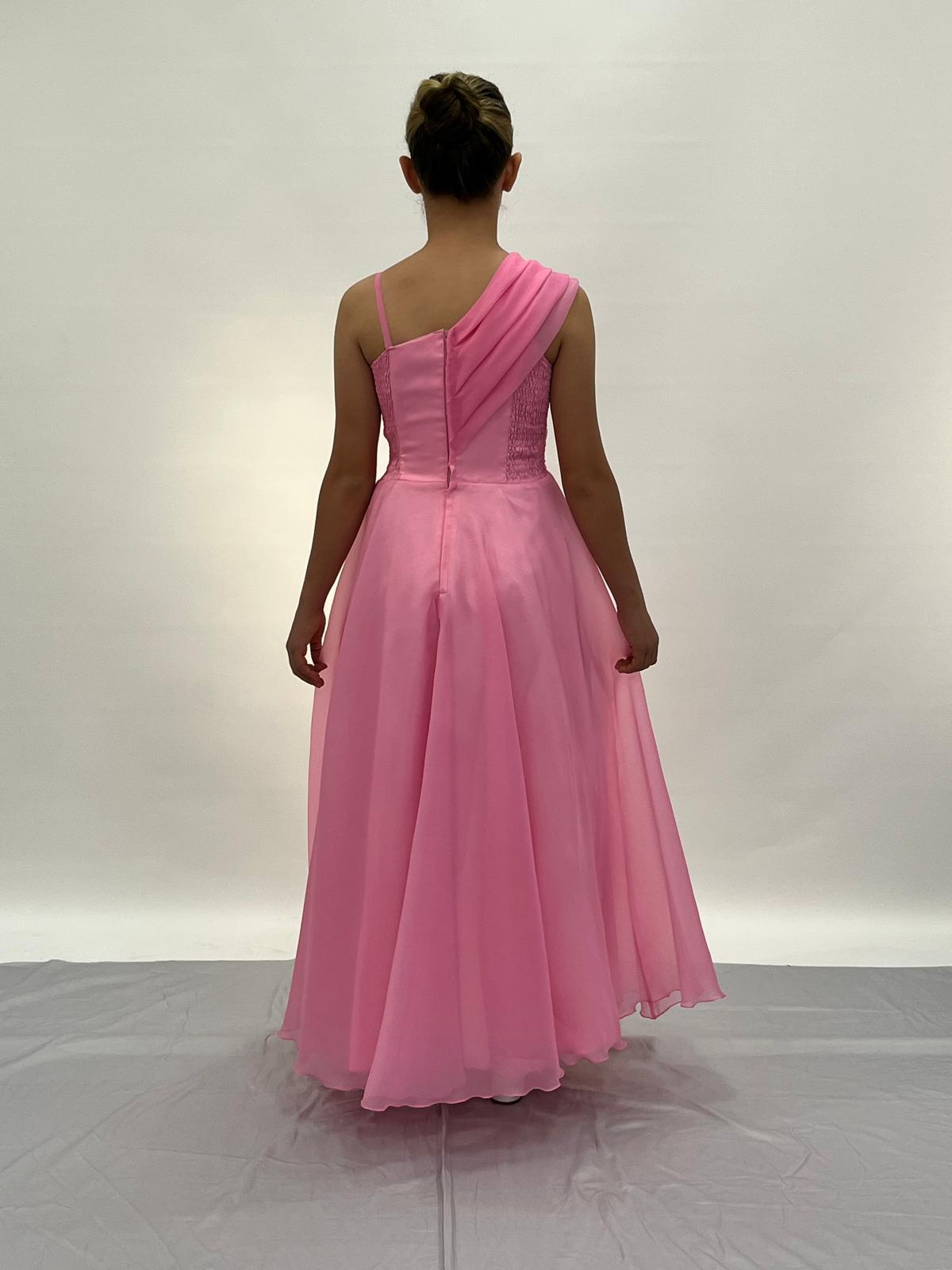 Kız Çocuk Abiye Pembe Şifon Taş Kordon Detaylı Abiye Elbise 10-15 Yaş