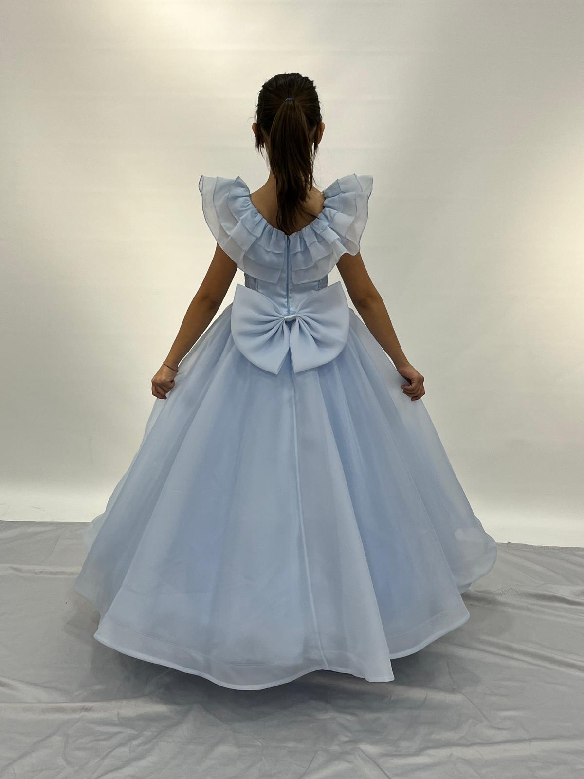 Kız Çocuk Abiye Mavi Kolları Fırfırlı Kasnaklı Gelinlik 2-11 Yaş