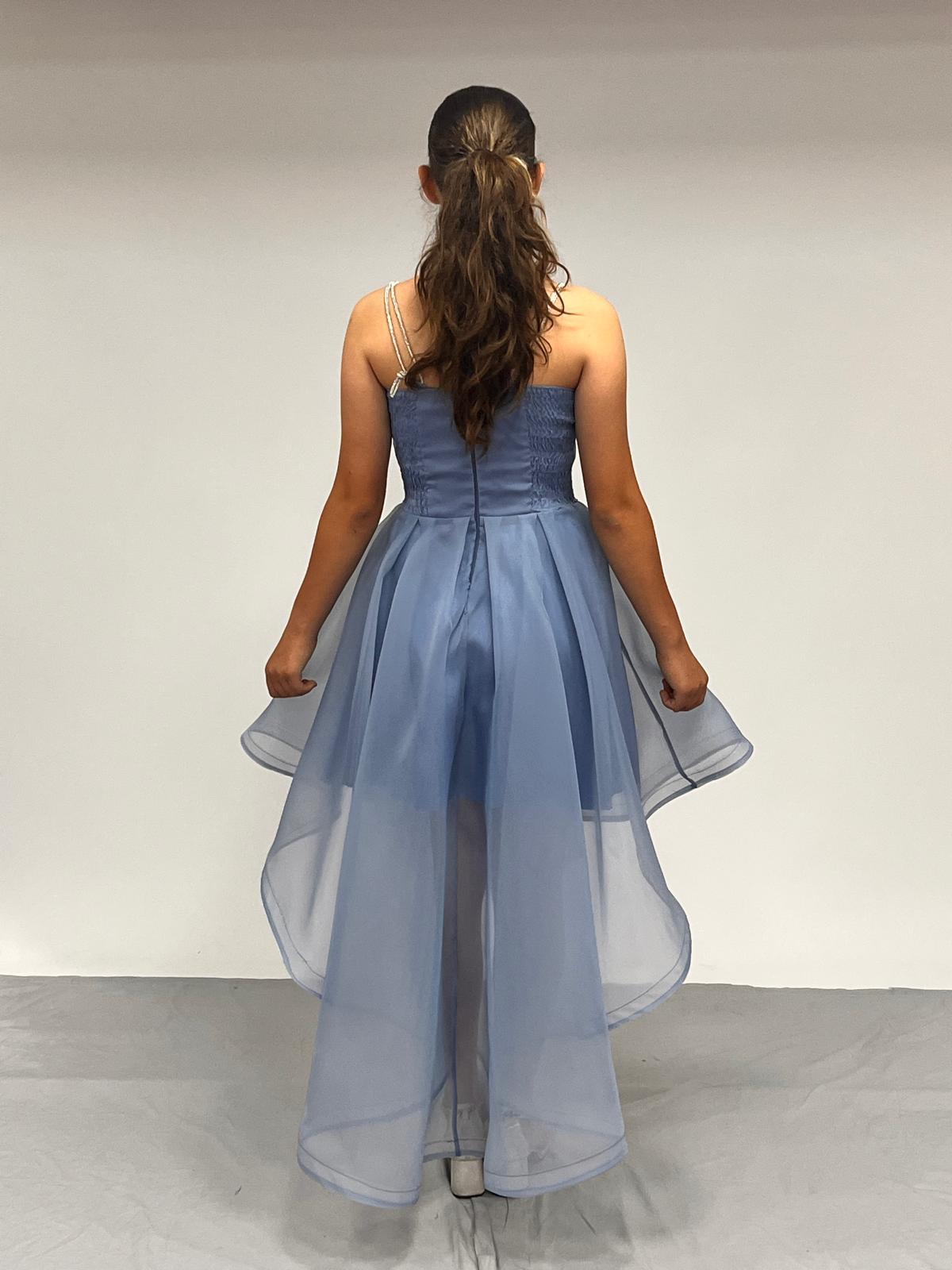 Kız Çocuk Abiye İndigoTaş Kordon Askılı Kalp Yaka  Kuyruklu  Şifon Abiye Elbise 10-15 Yaş