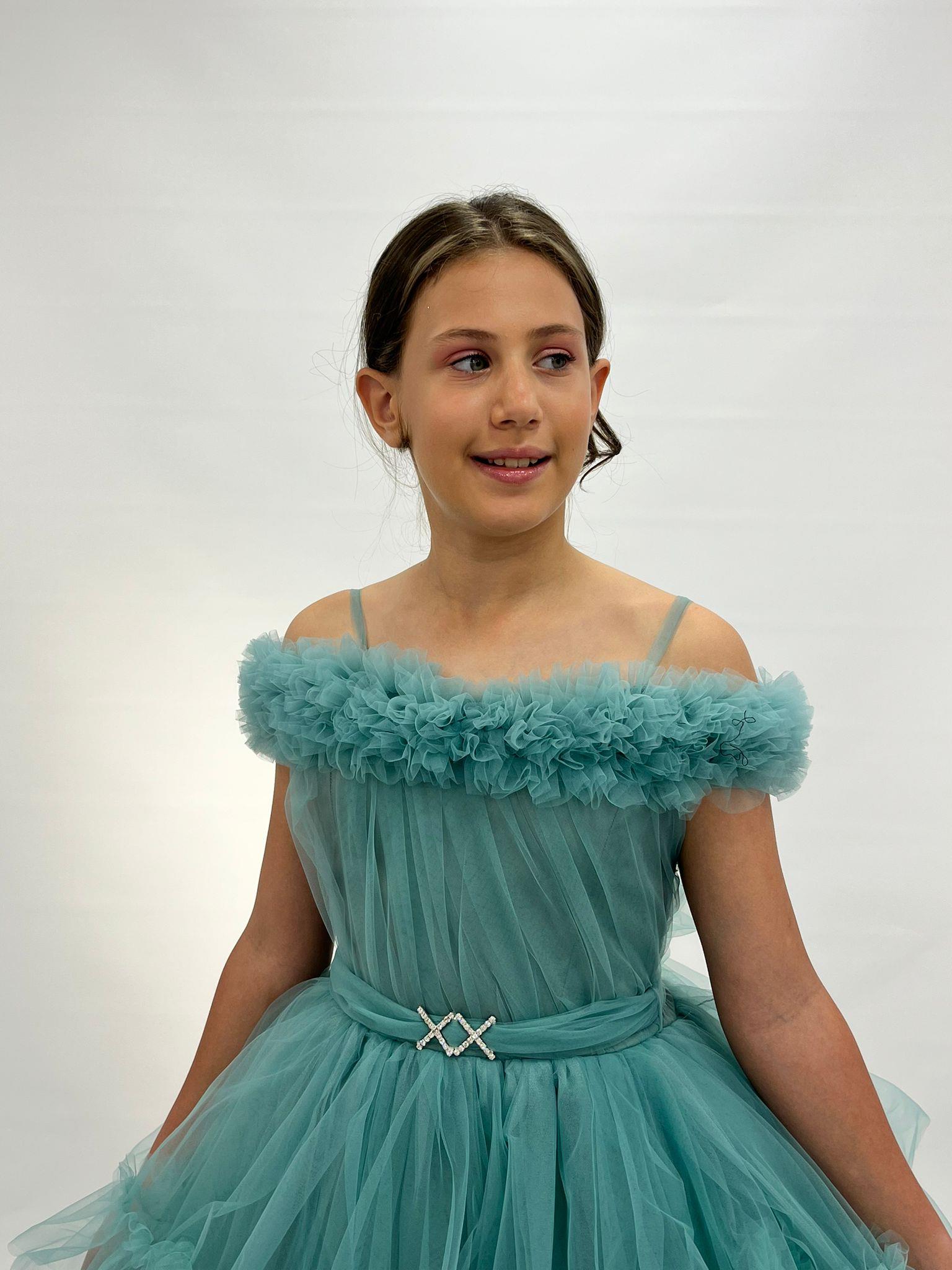 Kız Çocuk Abiye Mint Yeşili Askılı Yakası Fırfırlı Beli Tokalı Kısa Kat Tüllü Abiye Elbise 10-14 Yaş