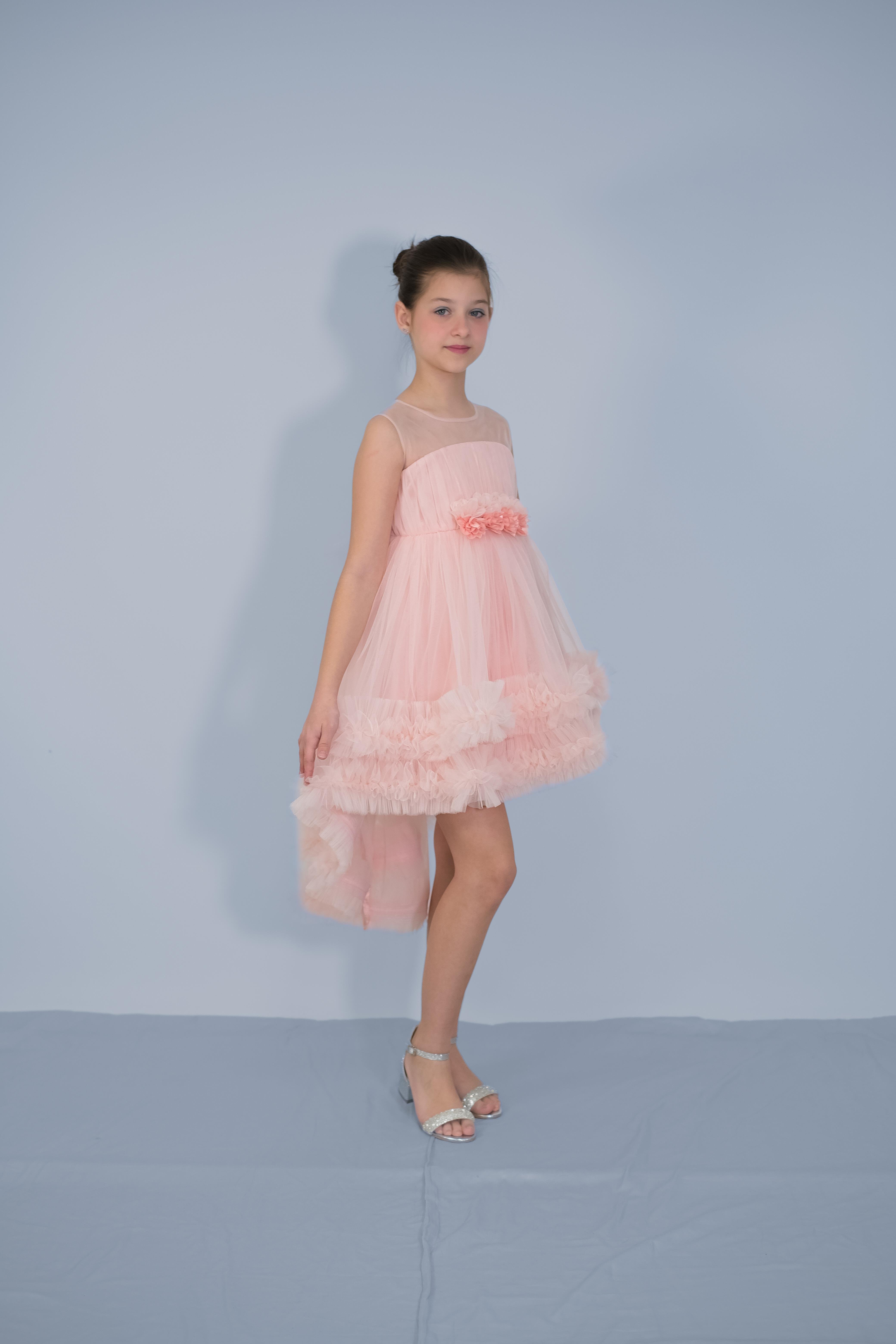 Kız Çocuk Abiye Pudra Etekleri Fırfırlı Kuyruklu Beli Çiçekli Abiye 6-10 Yaş