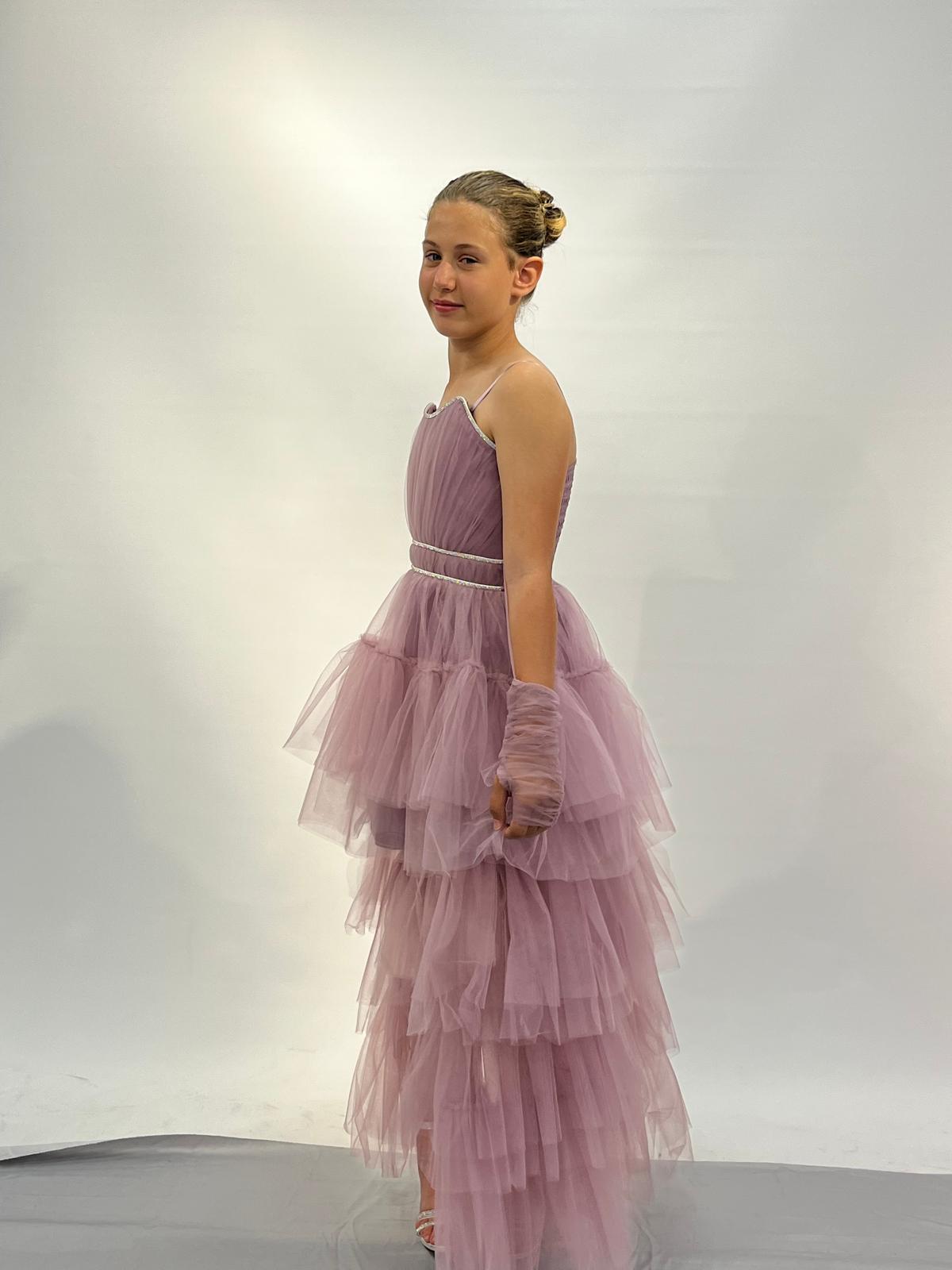 Kız Çocuk Abiye Lila Askılı Eldivenli Kuyruklu Straplez Olabilen Abiye Elbise 10-15 Yaş