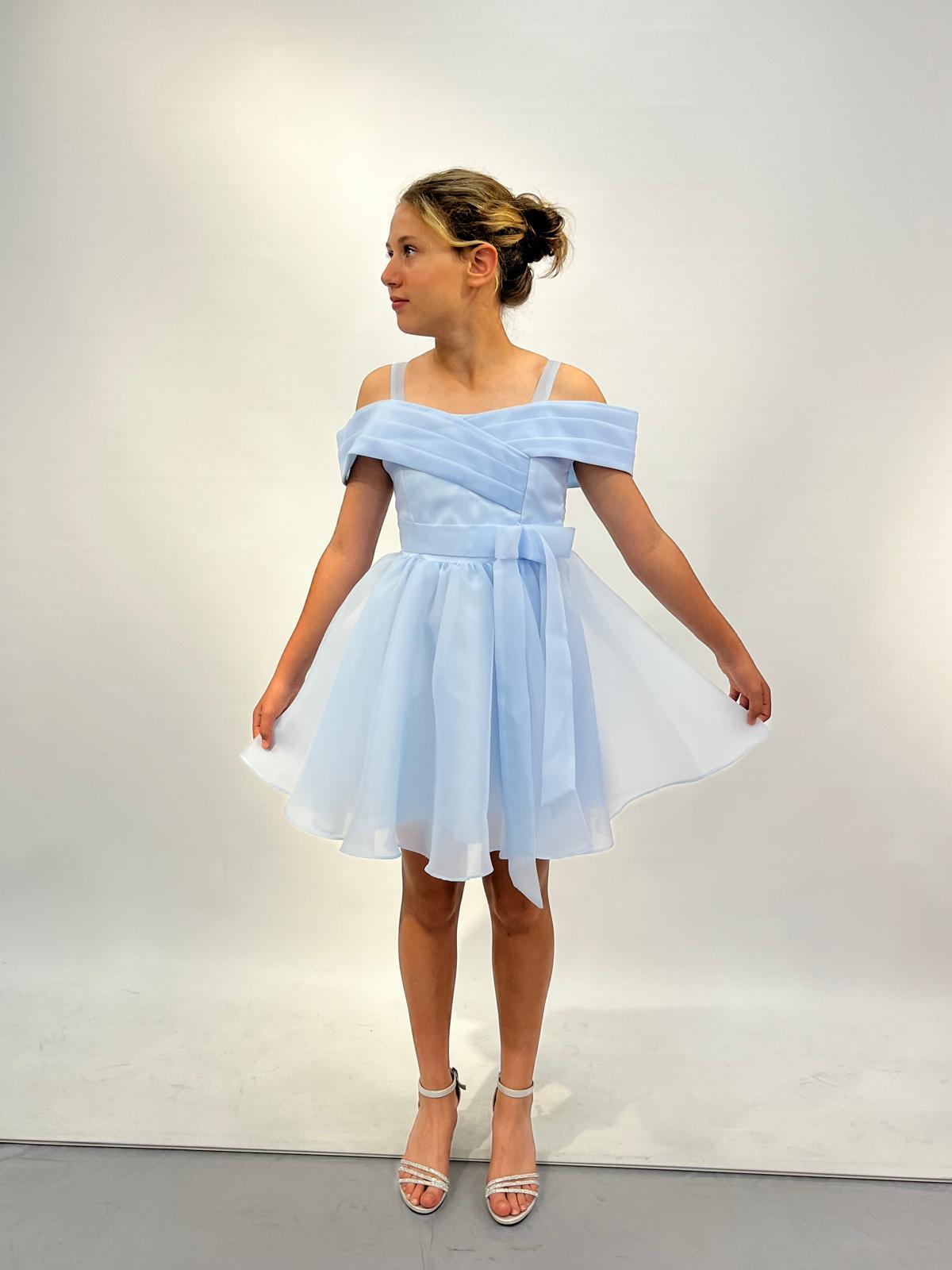 Kız Çocuk Abiye Mavi Askılı Düşük Omuzlu Kısa Şifon Abiye Elbise 10-14 Yaş