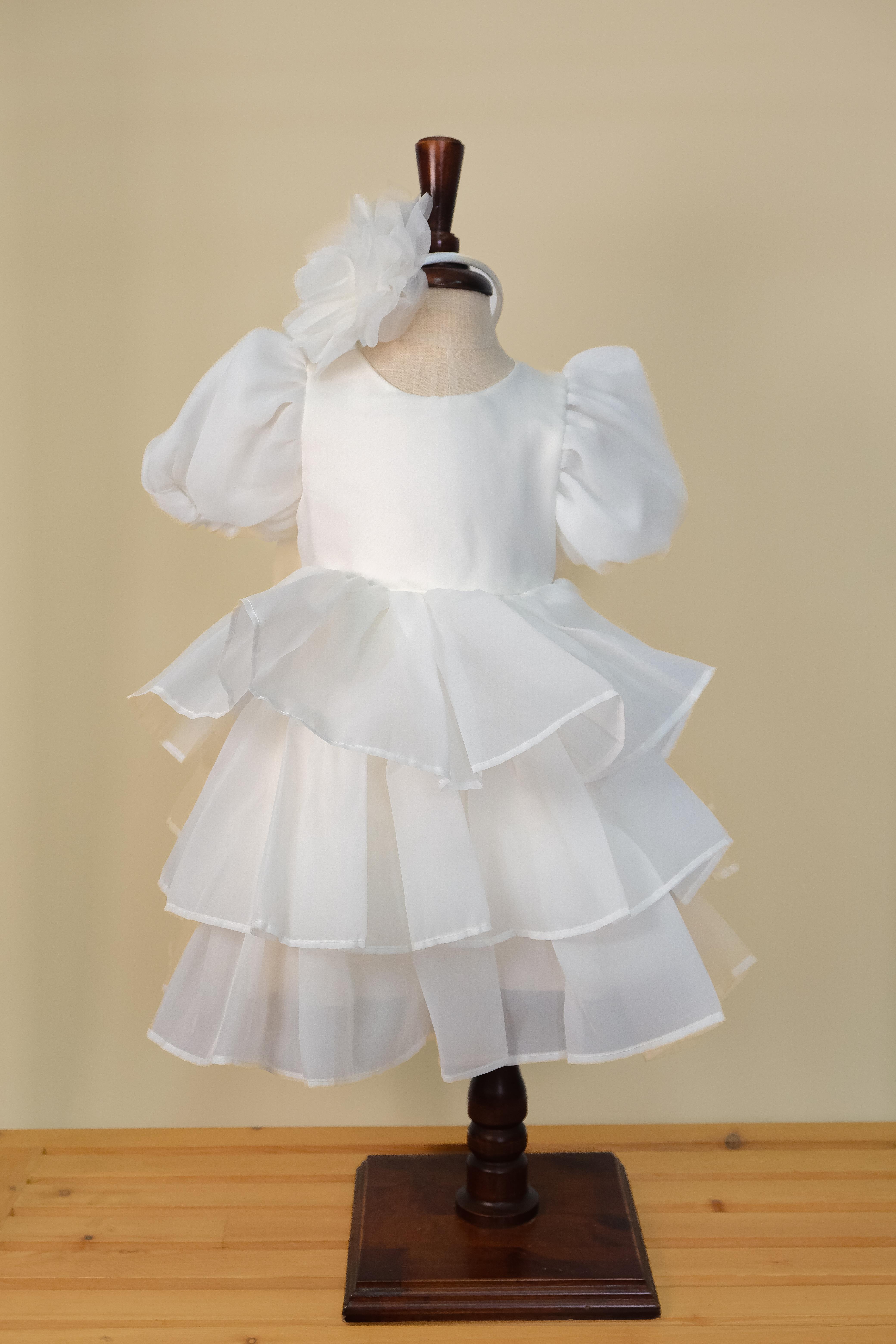 Kız Bebek Caroline Kumaş Krem Karpuz Kollu Kat Etekli Abiye Elbise Taç Hediyeli 1-5 Yaş