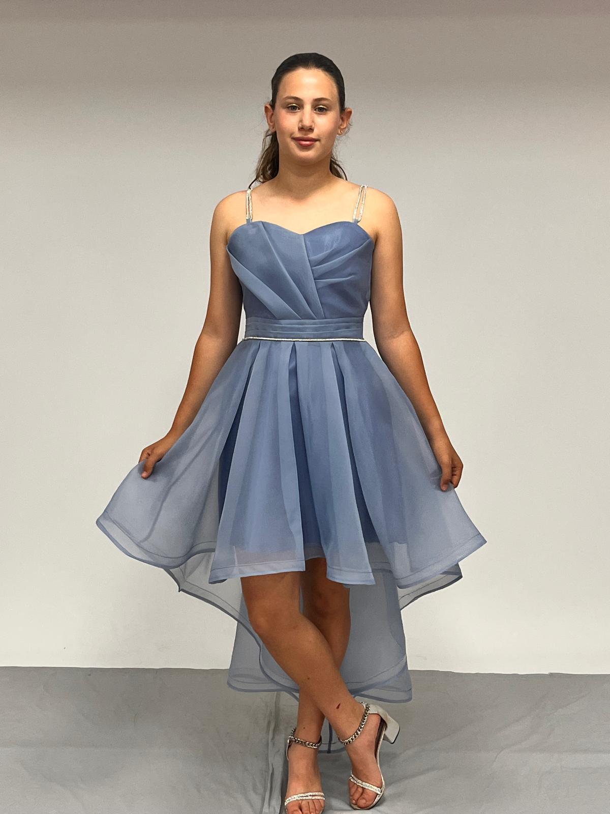 Kız Çocuk Abiye İndigoTaş Kordon Askılı Kalp Yaka  Kuyruklu  Şifon Abiye Elbise 10-15 Yaş