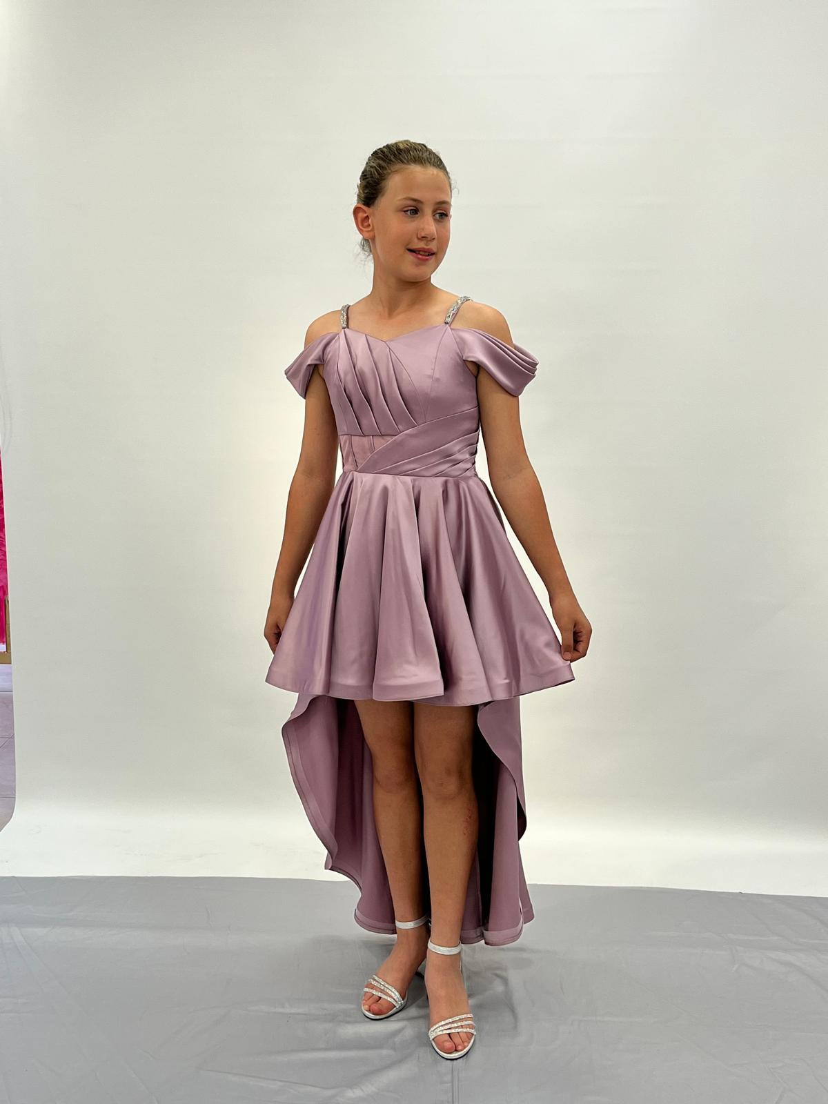 Kız Çocuk Lila Saten Askılı Omuz Taş Detaylı Kuyruklu Abiye Elbise 10-15 Yaş