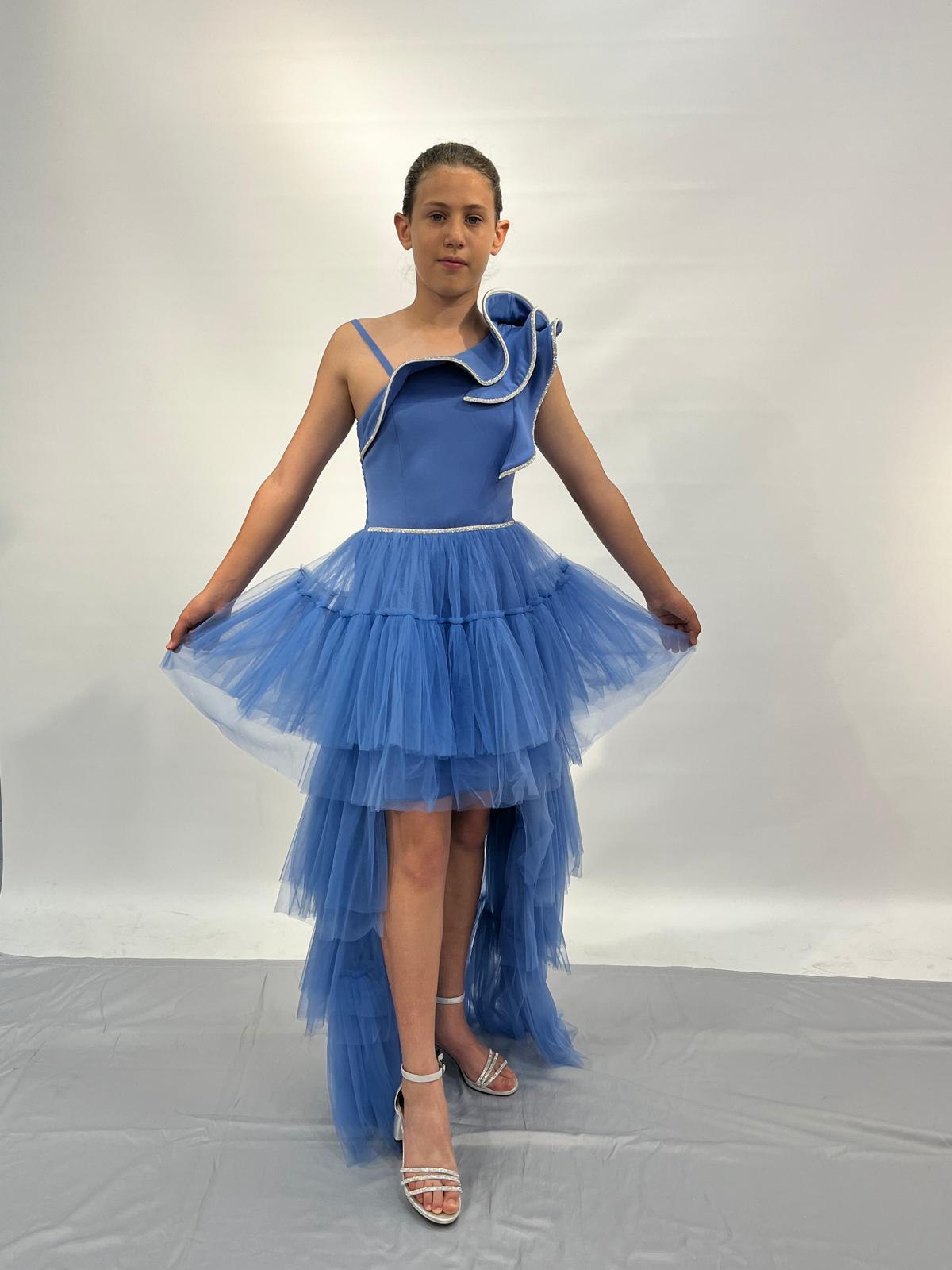 Kız Çocuk Abiye İndigo Kuyruklu Yakası Volanlı Taş İşLEMELİ Abiye Elbise 10-15 Yaş