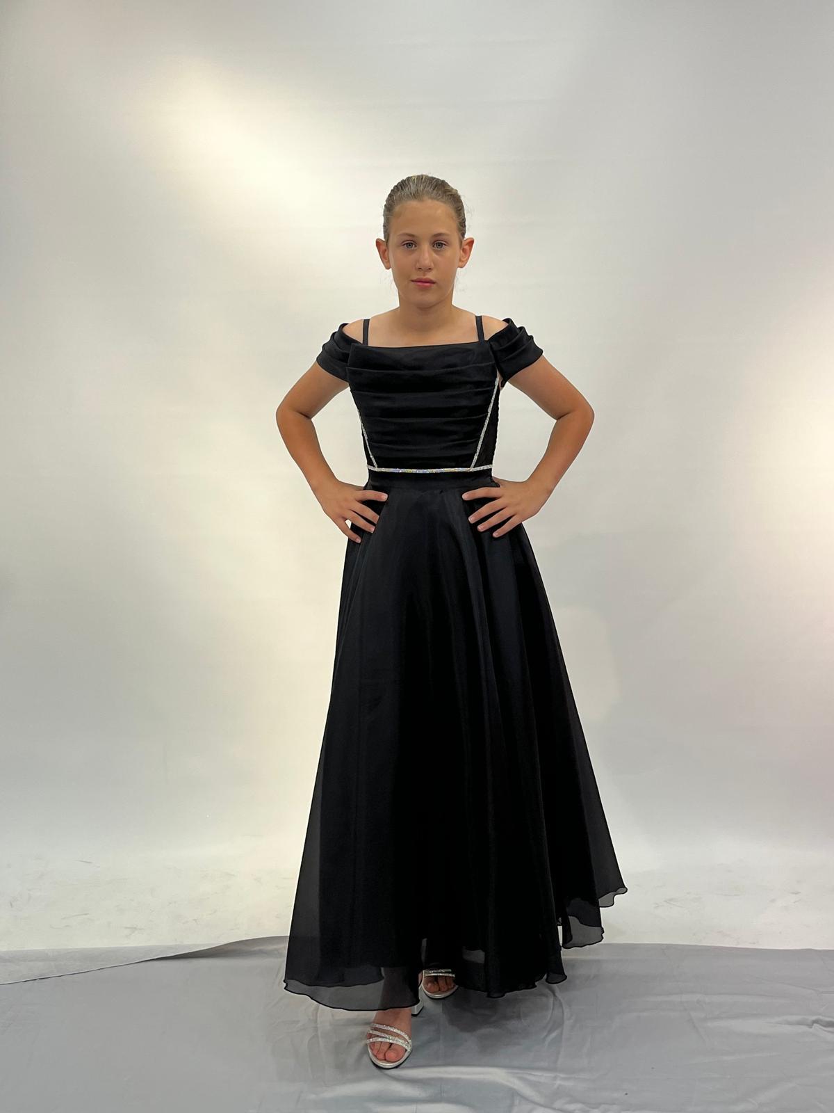 Kız Çocuk Abiye Siyah Askılı  Uzun Şifon Kolları Çıkabilen Drape Yaka  Abiye Elbise 10-15 Yaş