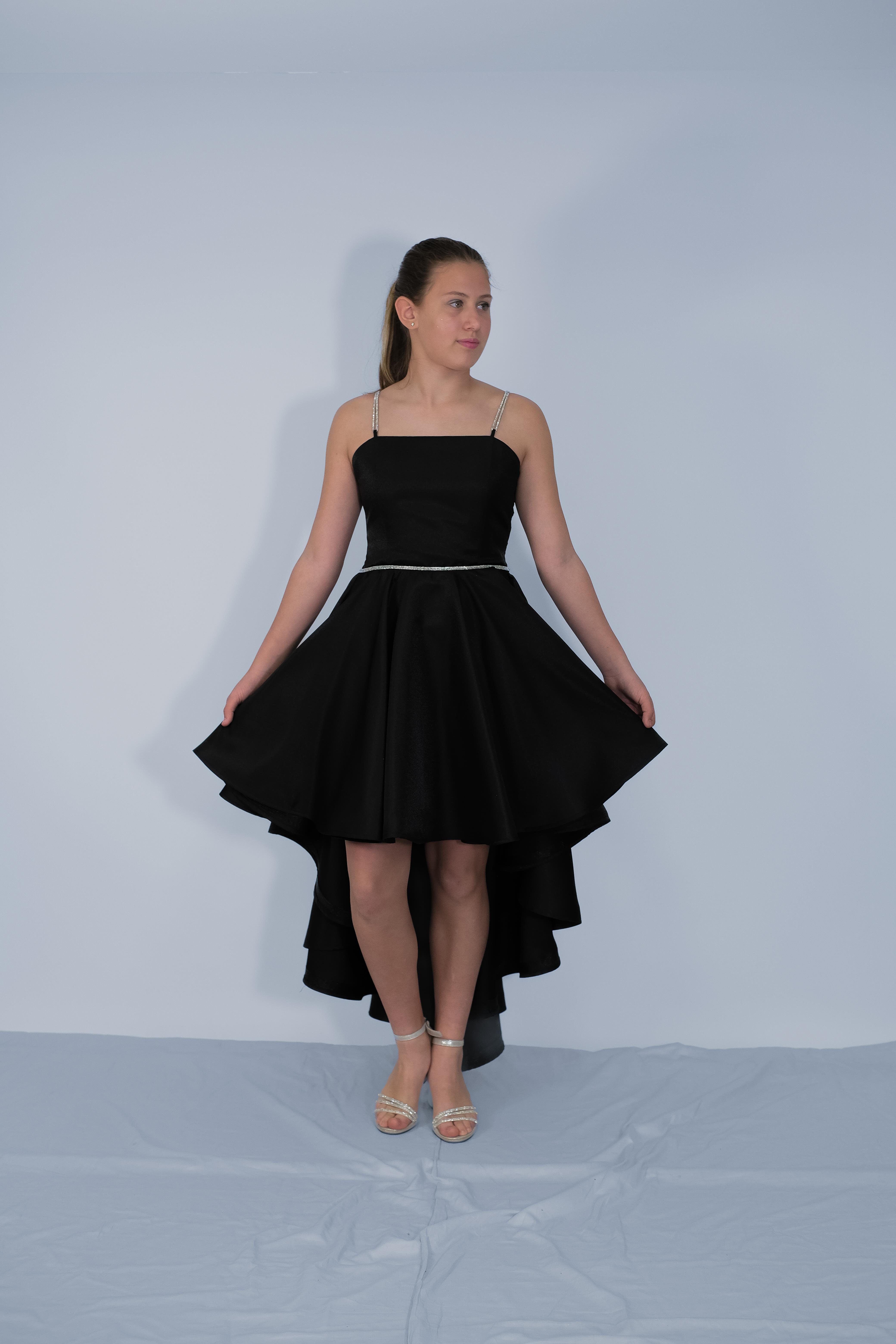 Kız Çocuk Abiye Siyah Kordon Taş Askılı Sunsihe Kumaş Kuyruklu Abiye Elbise 10-15 Yaş