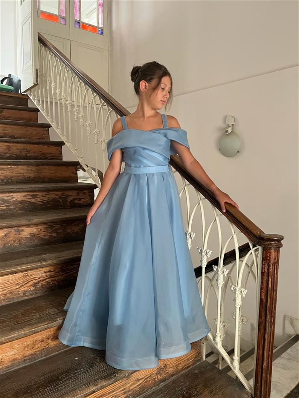 Kız Çocuk Askılı Düşük Omuz Detaylı Şifon Prenses Kesim Uzun Abiye Elbise 8-15 Yaş