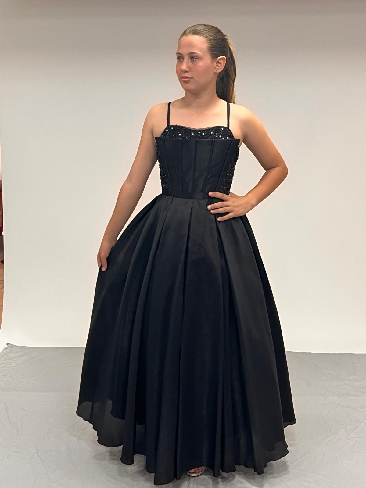 Kız Çocuk Abiye Siyah Tafta Uzun Pül  Payet İşlemeli Biyeli Korseli Abiye Elbise 10-15 Yaş