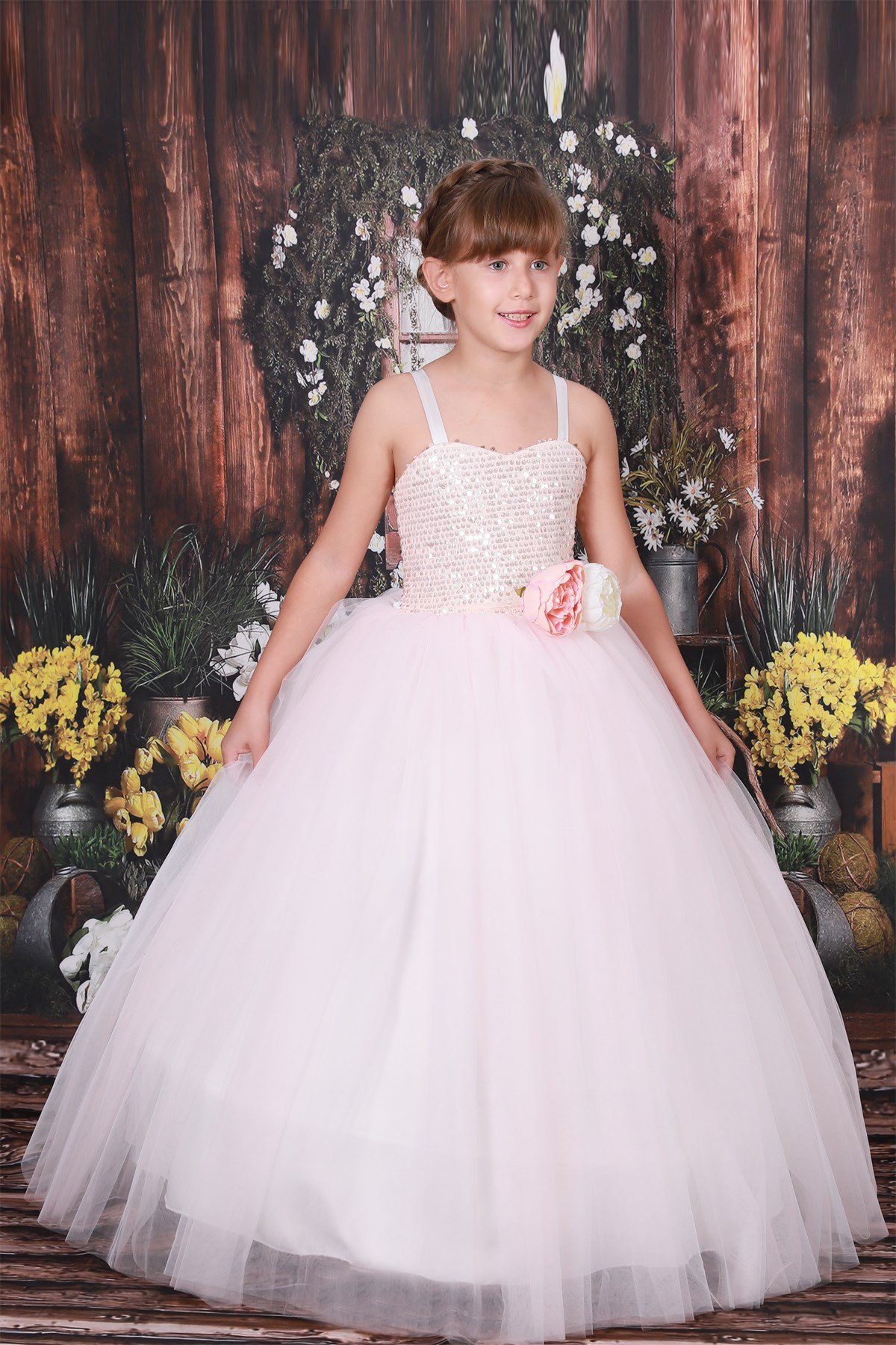 Kız Çocuk Özel Tasarım Kasnaklı Kabarık Abiye Gelinlik 