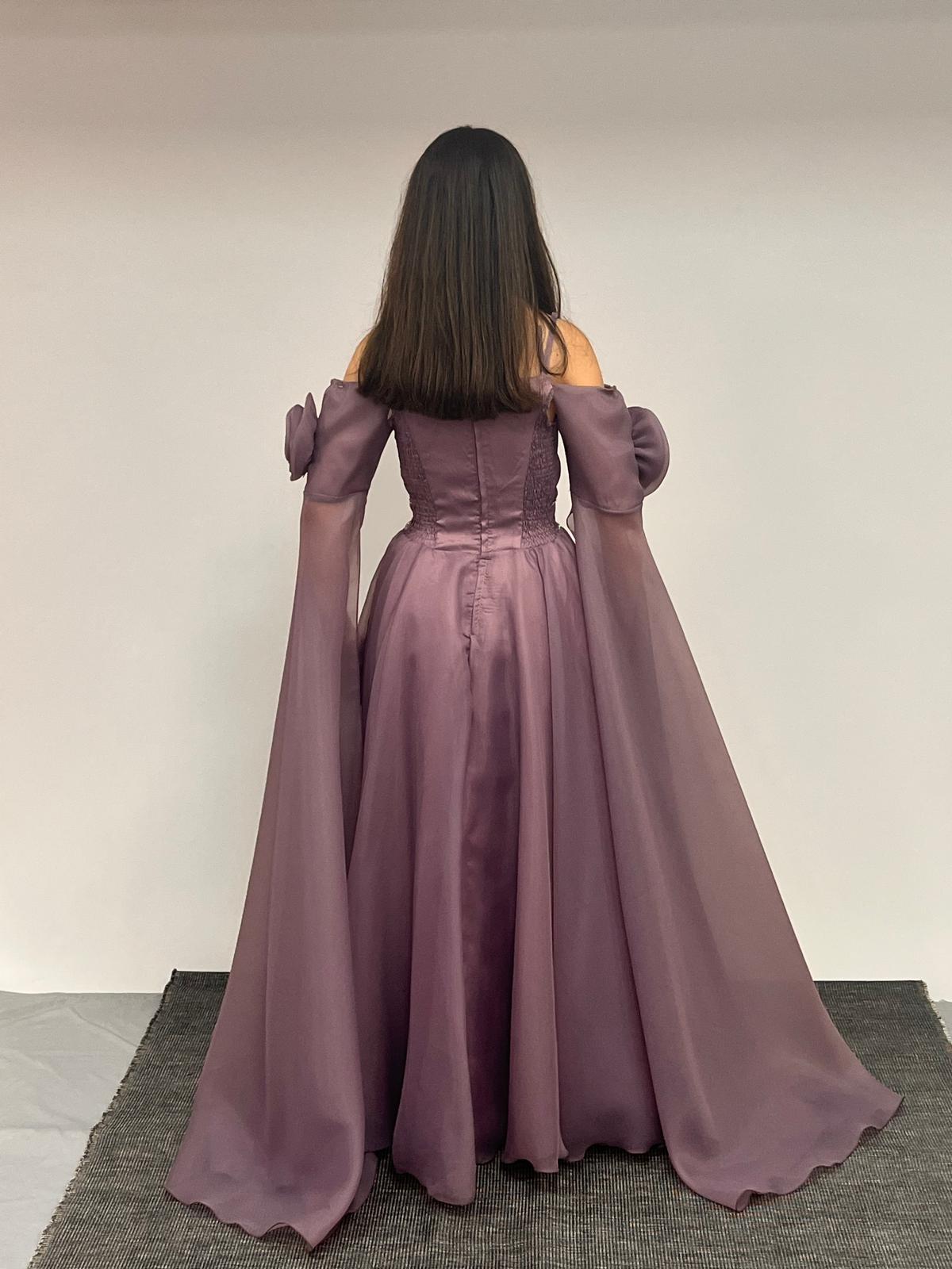 Kız Çocuk Abiye Lila Uzun Askılı  Kolları Çıkabilen Pelerinli Şifon Abiye Elbise 10-15 Yaş