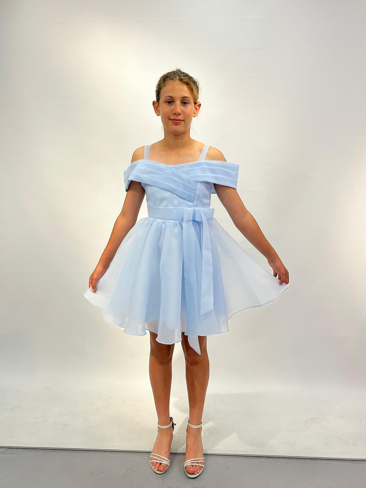 Kız Çocuk Abiye Mavi Askılı Düşük Omuzlu Kısa Şifon Abiye Elbise 10-14 Yaş
