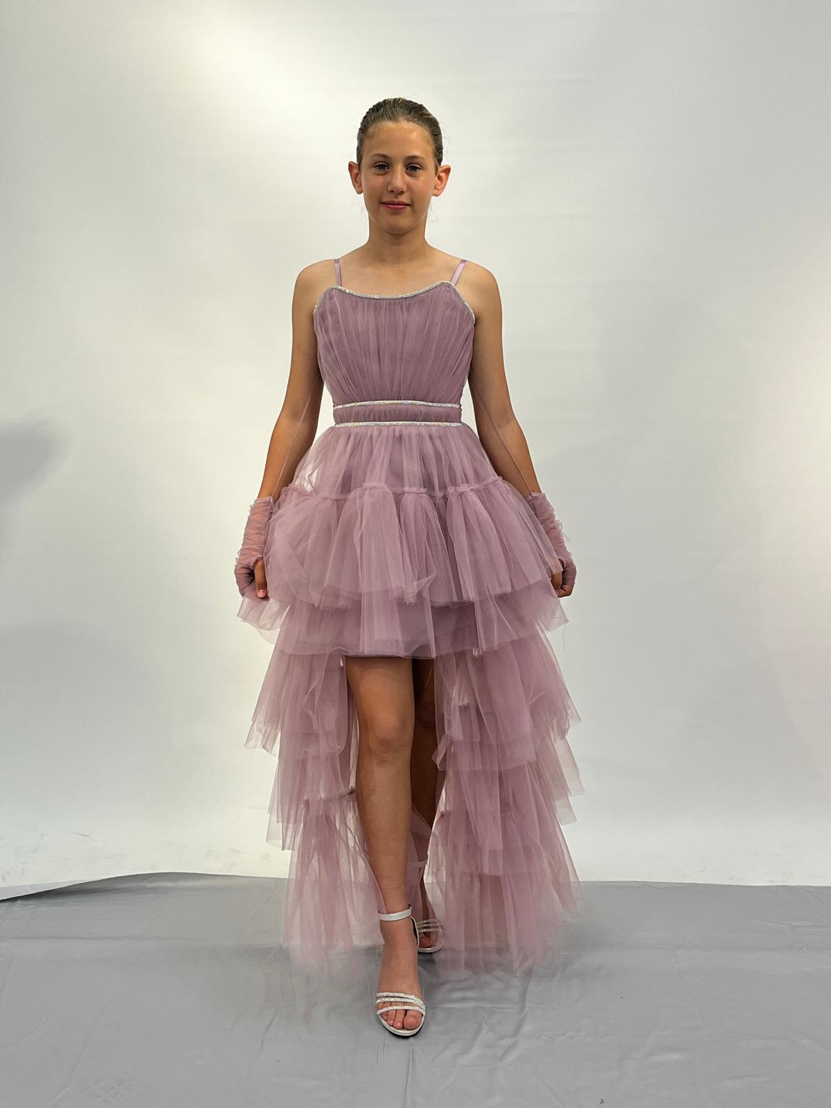 Kız Çocuk Abiye Lila Askılı Eldivenli Kuyruklu Straplez Olabilen Abiye Elbise 10-15 Yaş