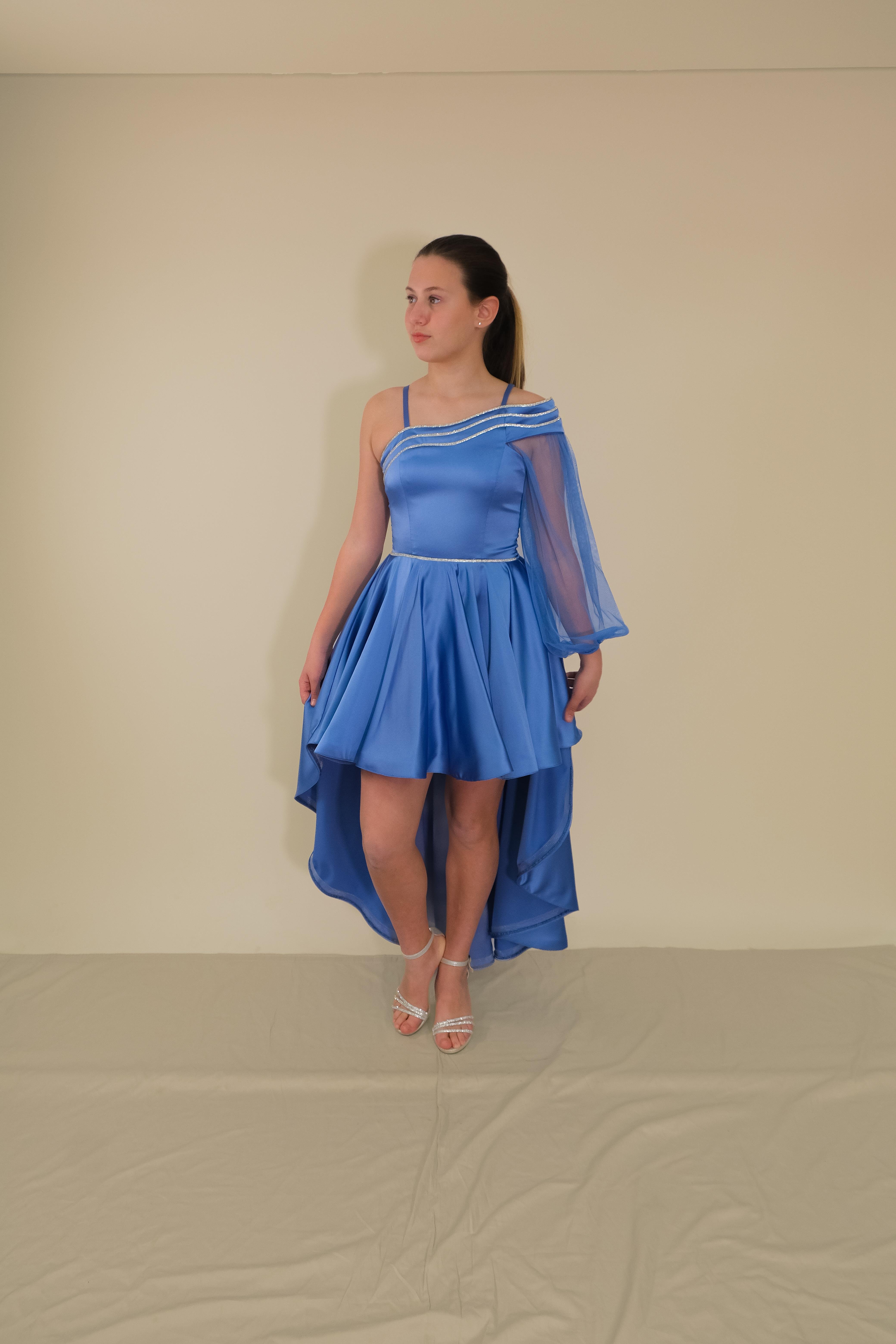 Kız Çocuk Abiye İndigo Saten Kuyruklu Yaka Şerit Taşlı Tek Kol Çıkabilen Tül Abiye Elbise 10-15 Yaş