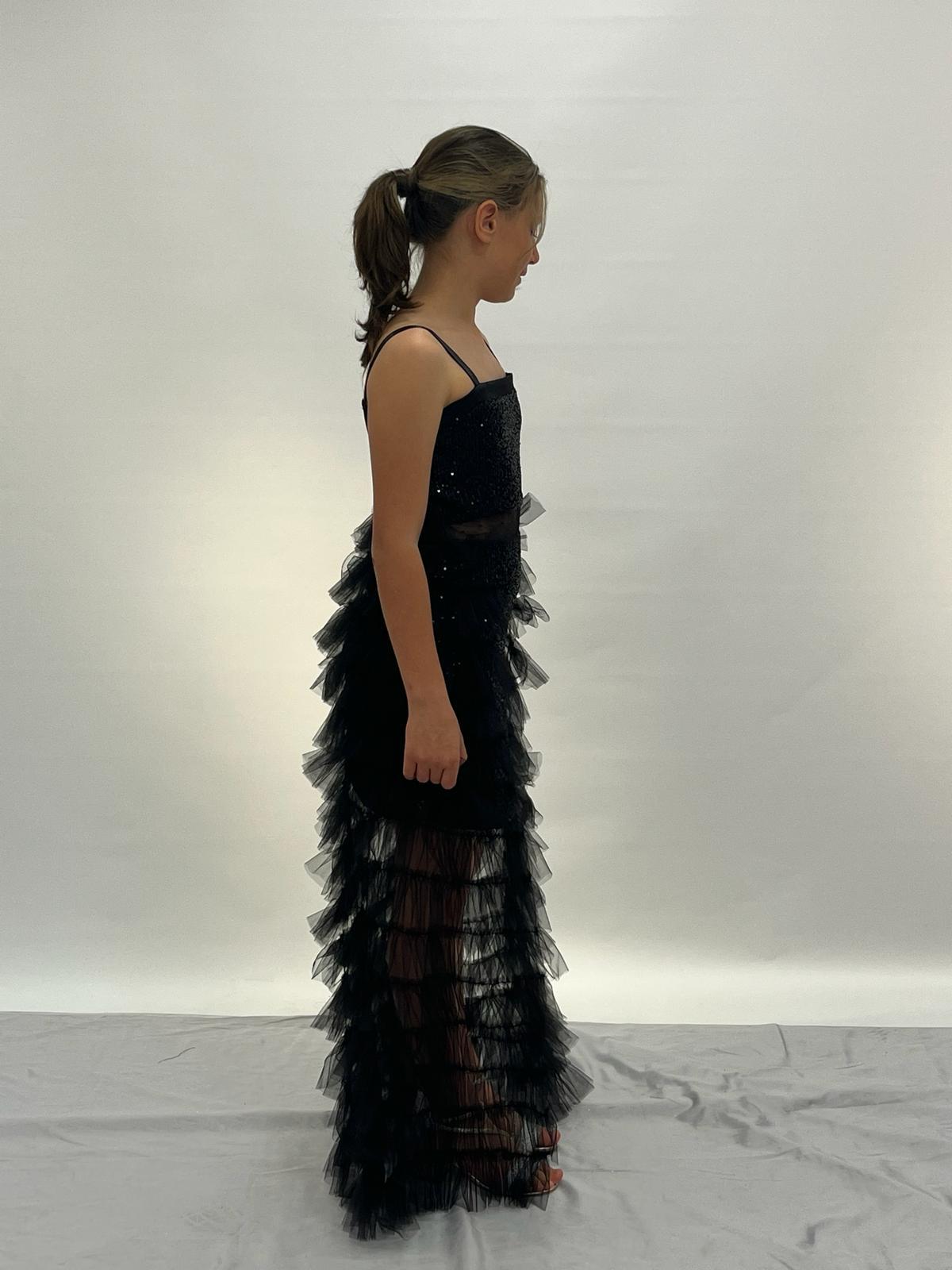 Kız Çocuk Abiye Siyah Kısa Payetli Mini  Etekleri Kat Kat Abiye Elbise 8-16 Yaş