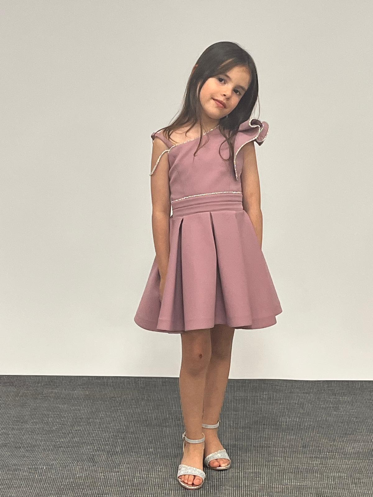 Kız Çocuk Abiye Lila Kısa Omuz Detaylı Krep Kumaş Abiye Elbise 5-10 Yaş