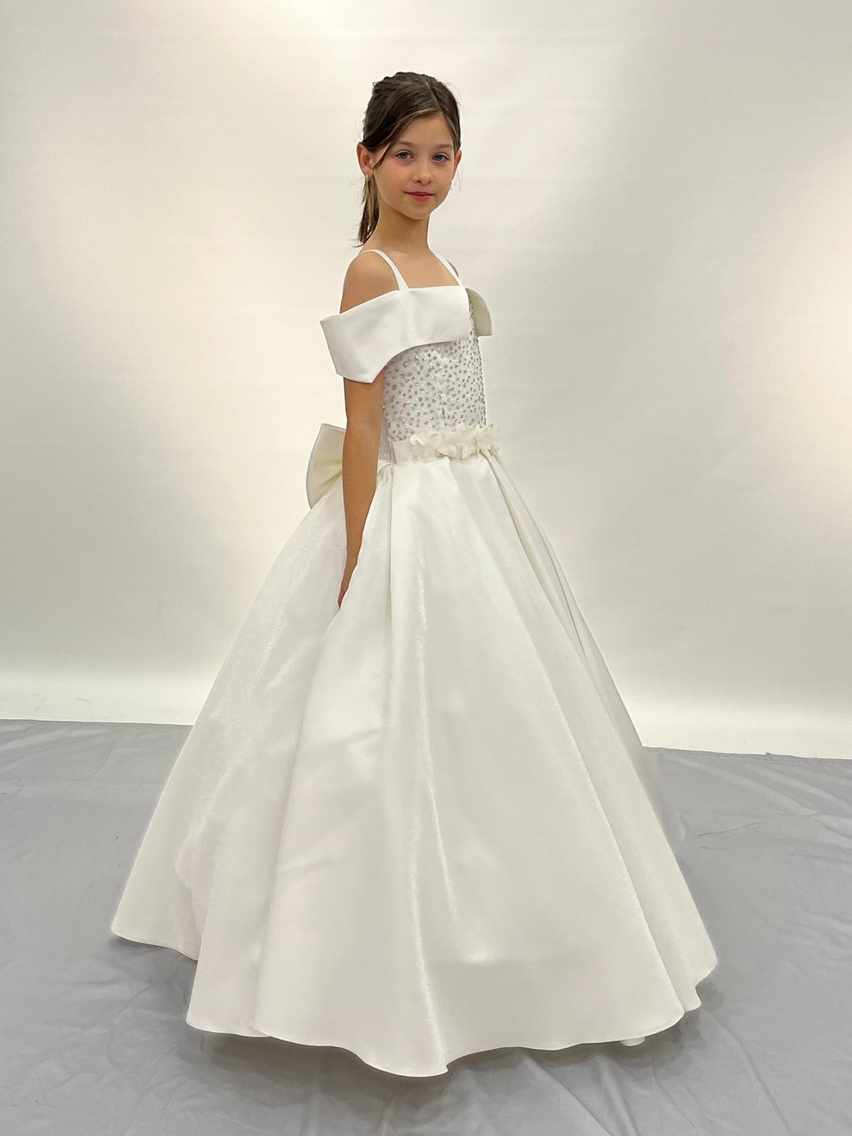 Kız Çocuk Abiye Krem Askılı Çiçekli Parlak Gelinlik 2-11 Yaş