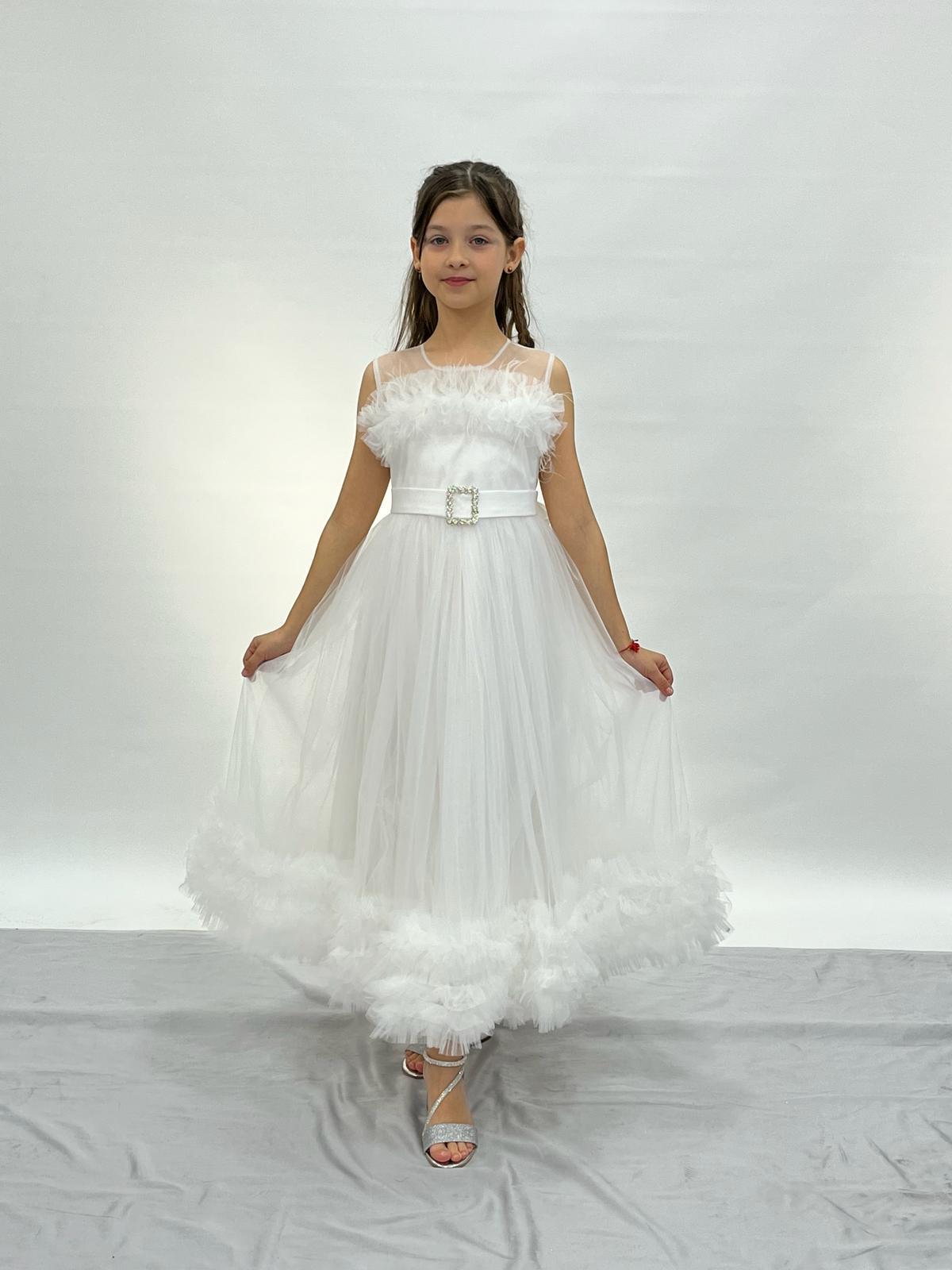 Kız Çocuk Beyaz Uzun Tüllü Etek Uçları Fırfırlı Beli Kemer Tokalı Abiye Elbise 6-14 Yaş