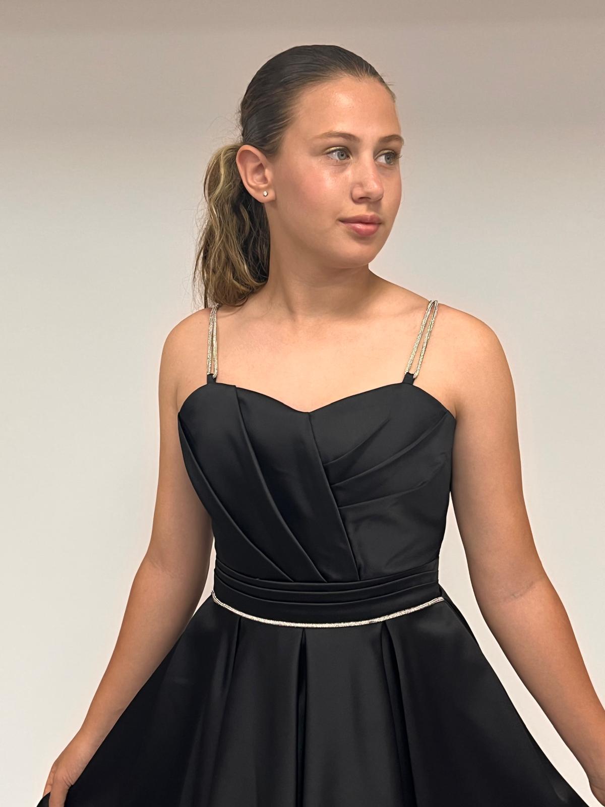 Kız Çocuk Abiye Siyah Taş Kordon Askılı Kalp Yaka  Mat Saten Kuyruklu Abiye Elbise 10-15 Yaş