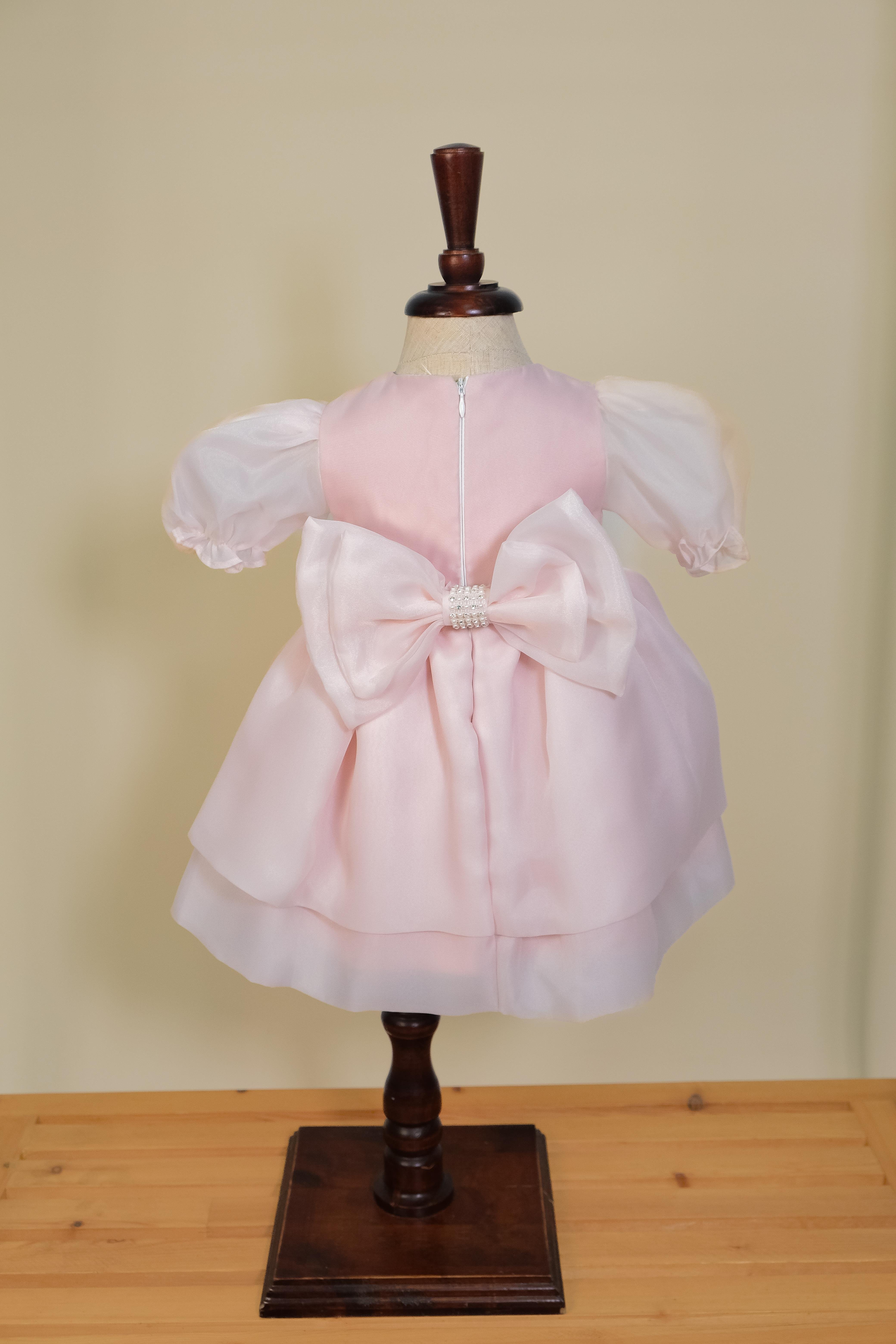 Kız Bebek Pudra Caroline Kumaş Karpuz Kollu Abiye Elbise 6-36 Ay