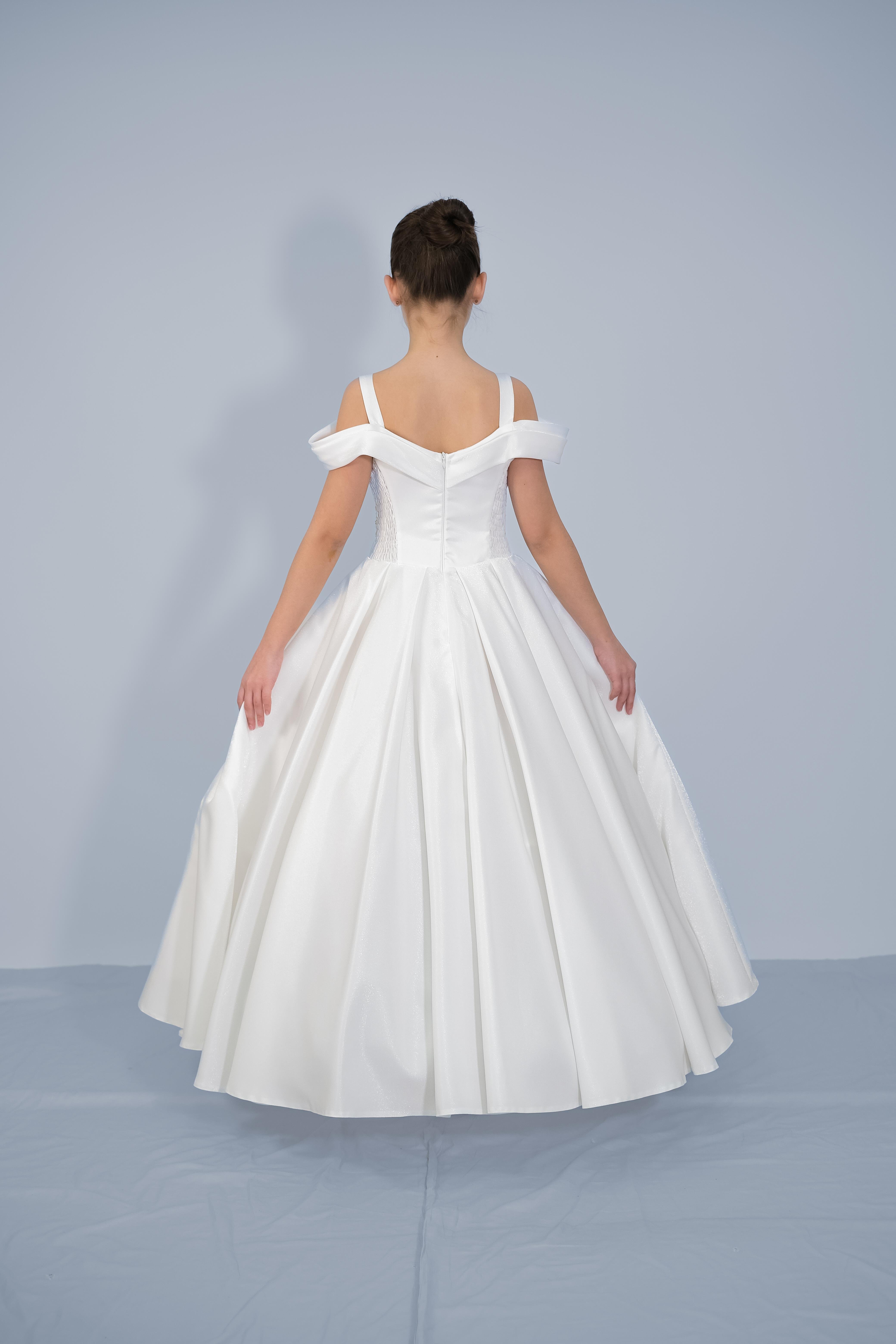 Kız Çocuk Abiye Krem Askılı Düşük Omuzlu Payetli  Sunsihe Kumaş Kasnaklı Gelinlik 2-11 Yaş