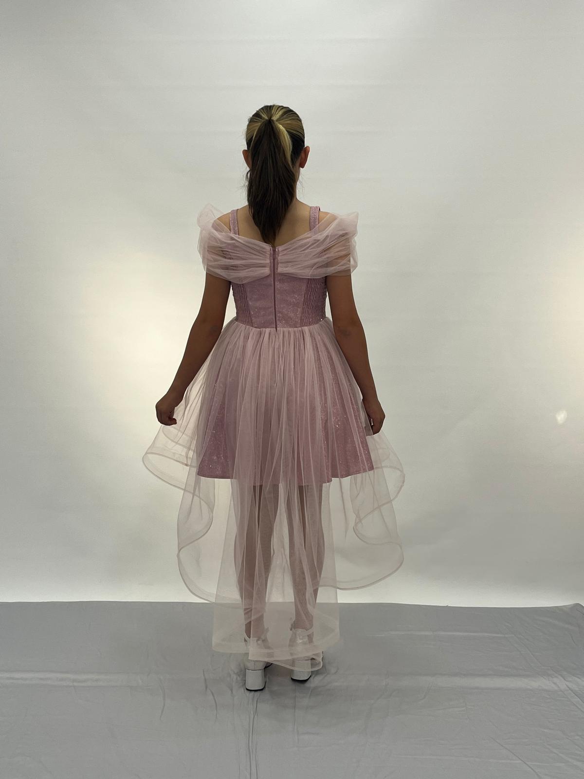 Kız Çocuk Abiye Pudra Askılı Düşük Kollu Kuyruklu Abiye Elbise 10-14 Yaş Yaş