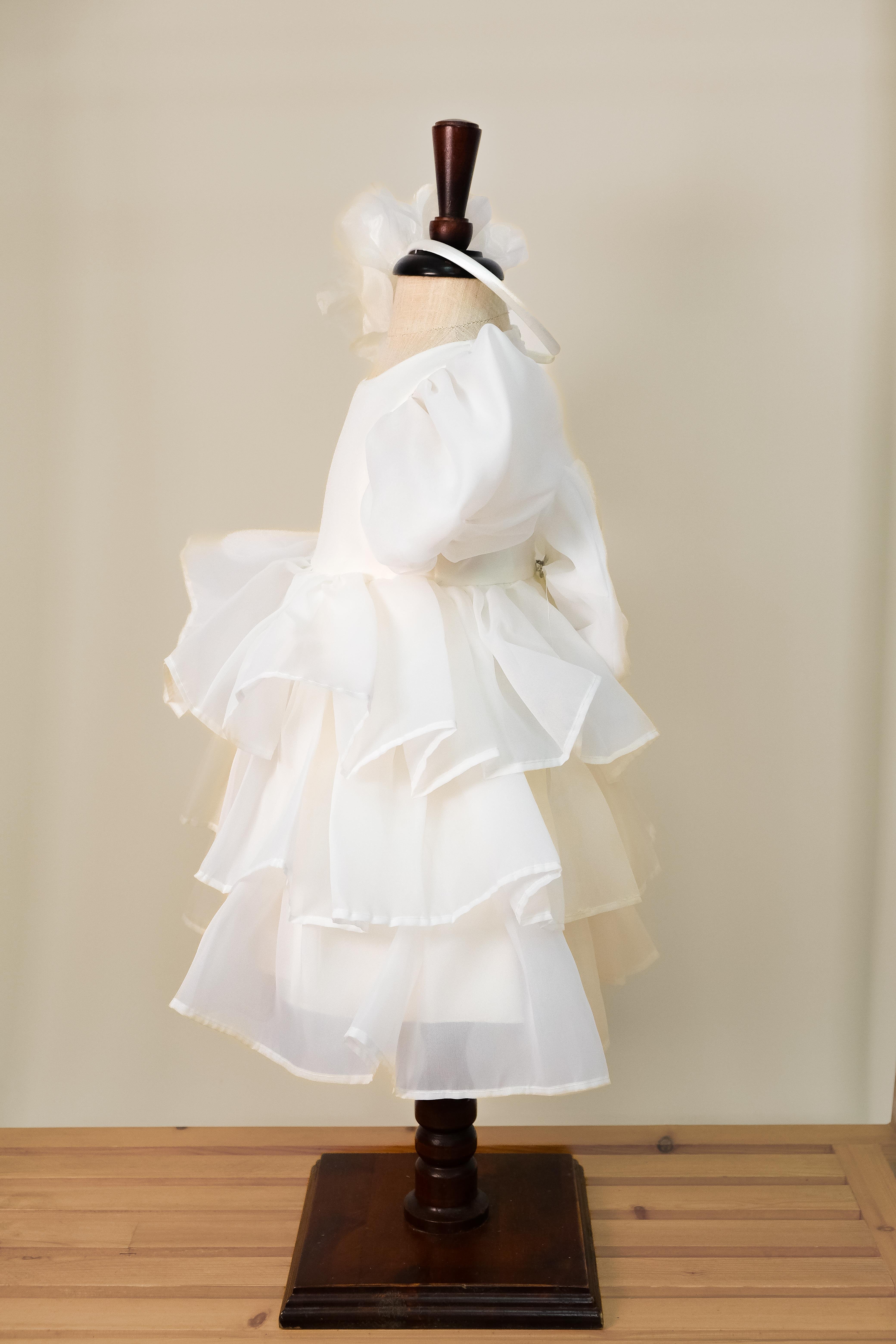 Kız Bebek Caroline Kumaş Krem Karpuz Kollu Kat Etekli Abiye Elbise Taç Hediyeli 1-5 Yaş